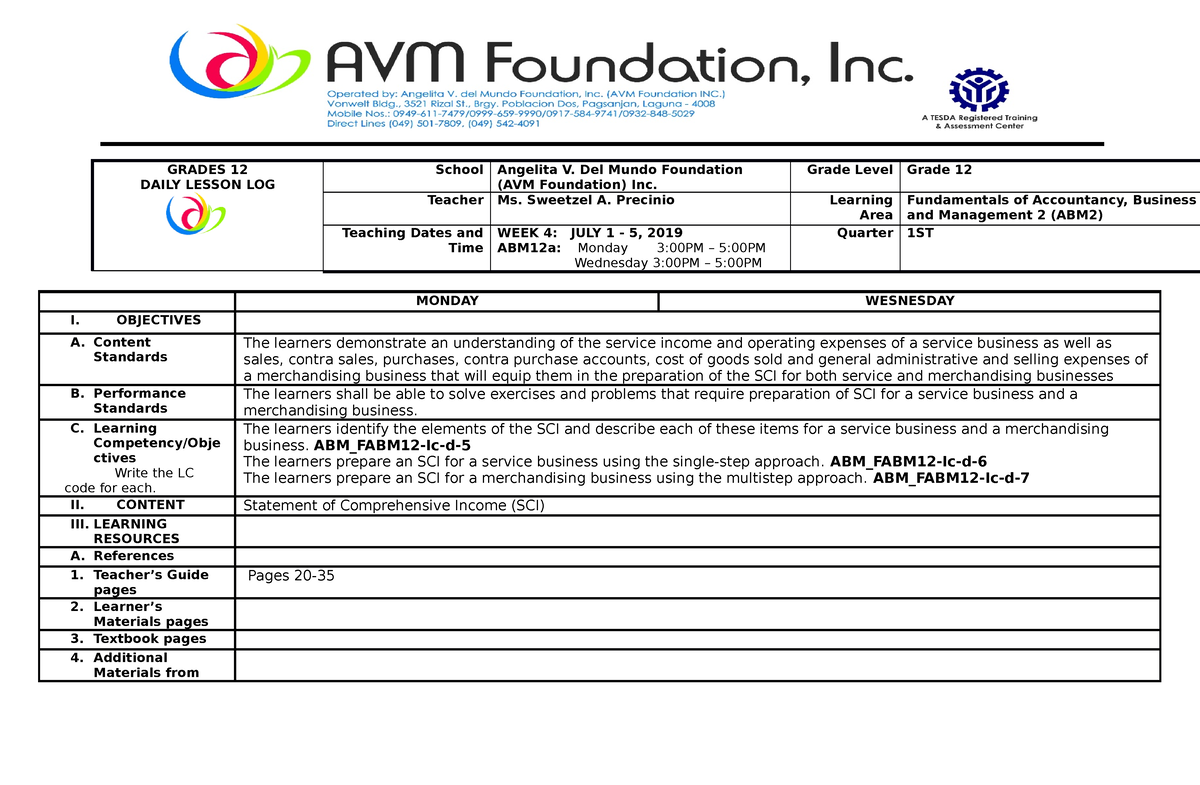 DLL FABM2 Week4 - GRADES 12 DAILY LESSON LOG School Angelita V. Del ...