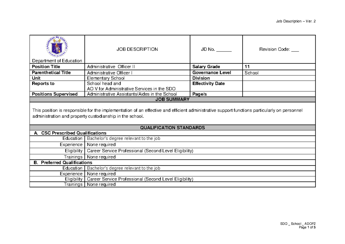 AO II Job Description For Elem Schools Job Description Ver 2 SDO   Thumb 1200 849 