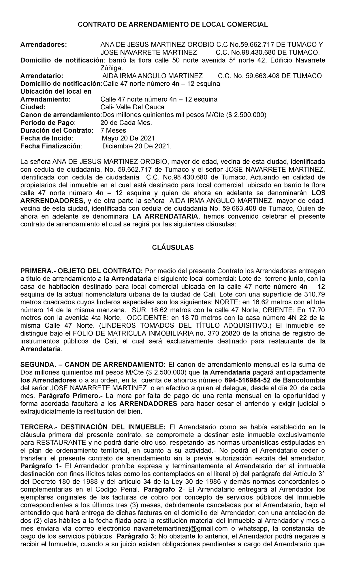 Contrato DE Arrendamiento Local Comercial 1 - CONTRATO DE ARRENDAMIENTO ...