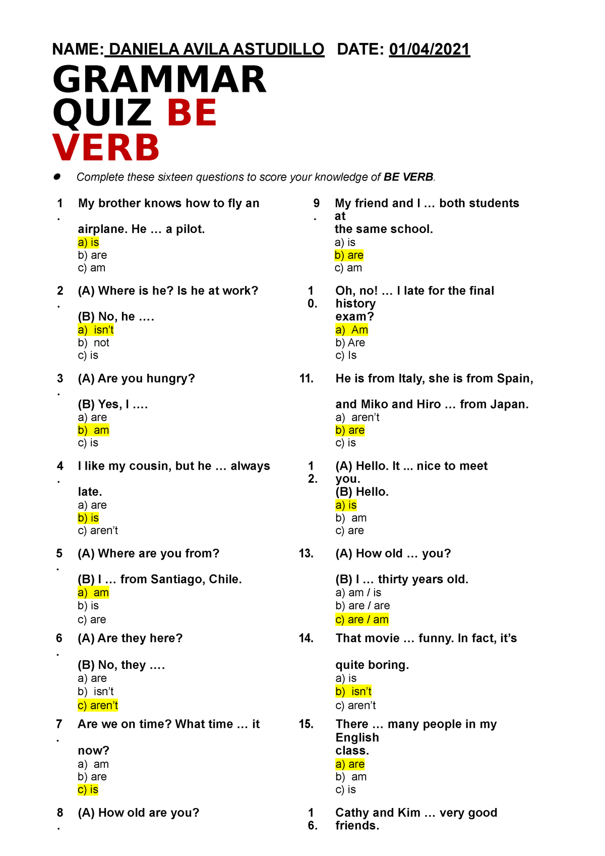 grammar quiz be verb, me ajudem pfv 