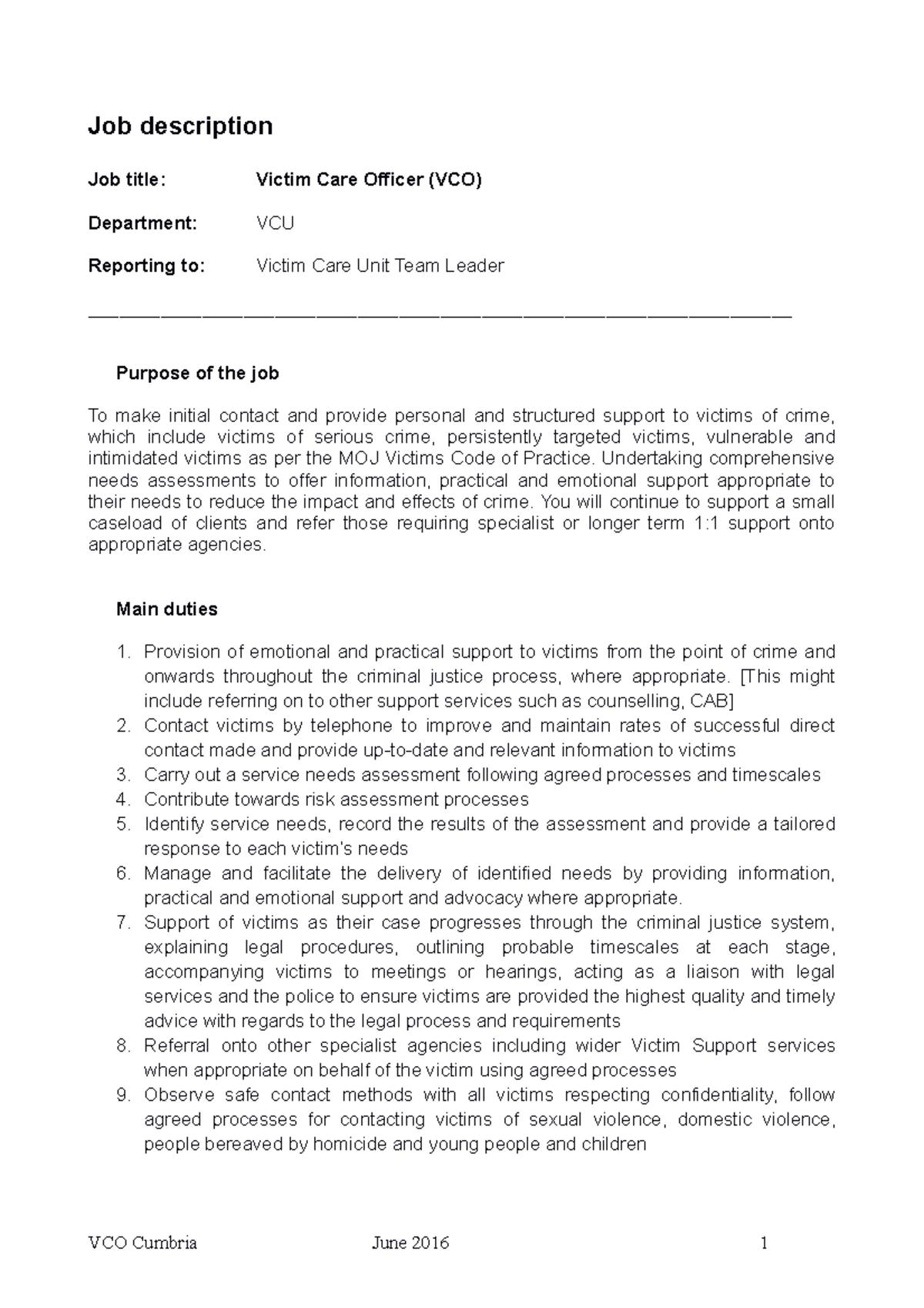 Victim Support Officer Job Description