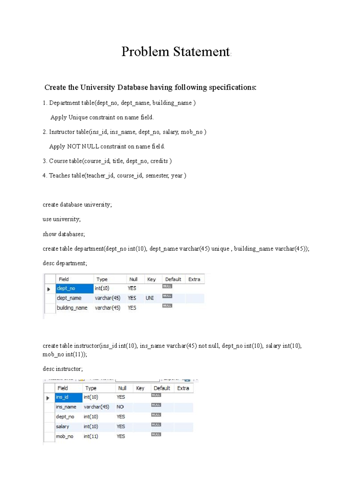 Ass 5 - ass 4 - Problem Statement: Create the University Database ...