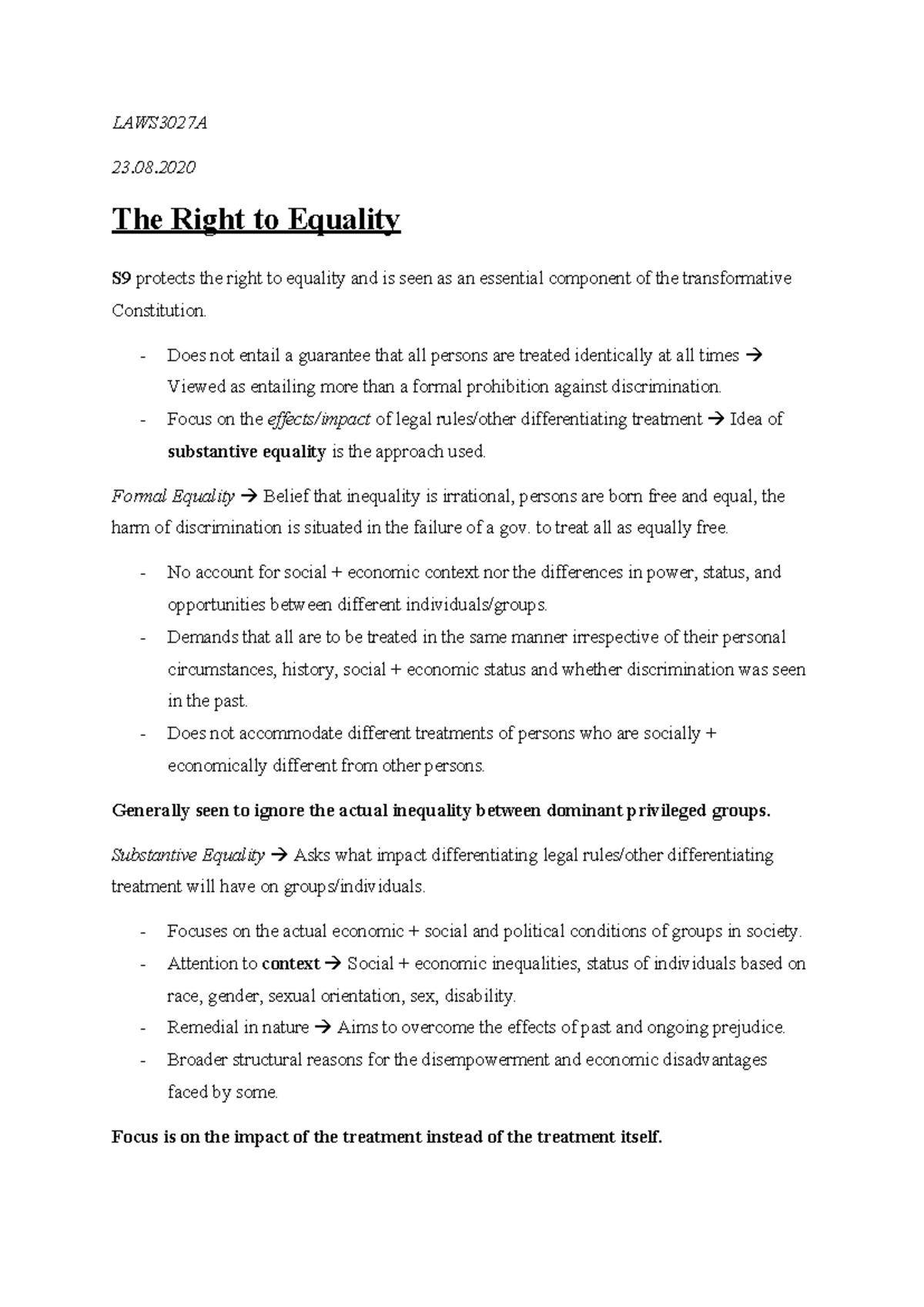 Topic 2 - #1 - Notes - LAWS3027A 23. The Right to Equality S9 protects ...