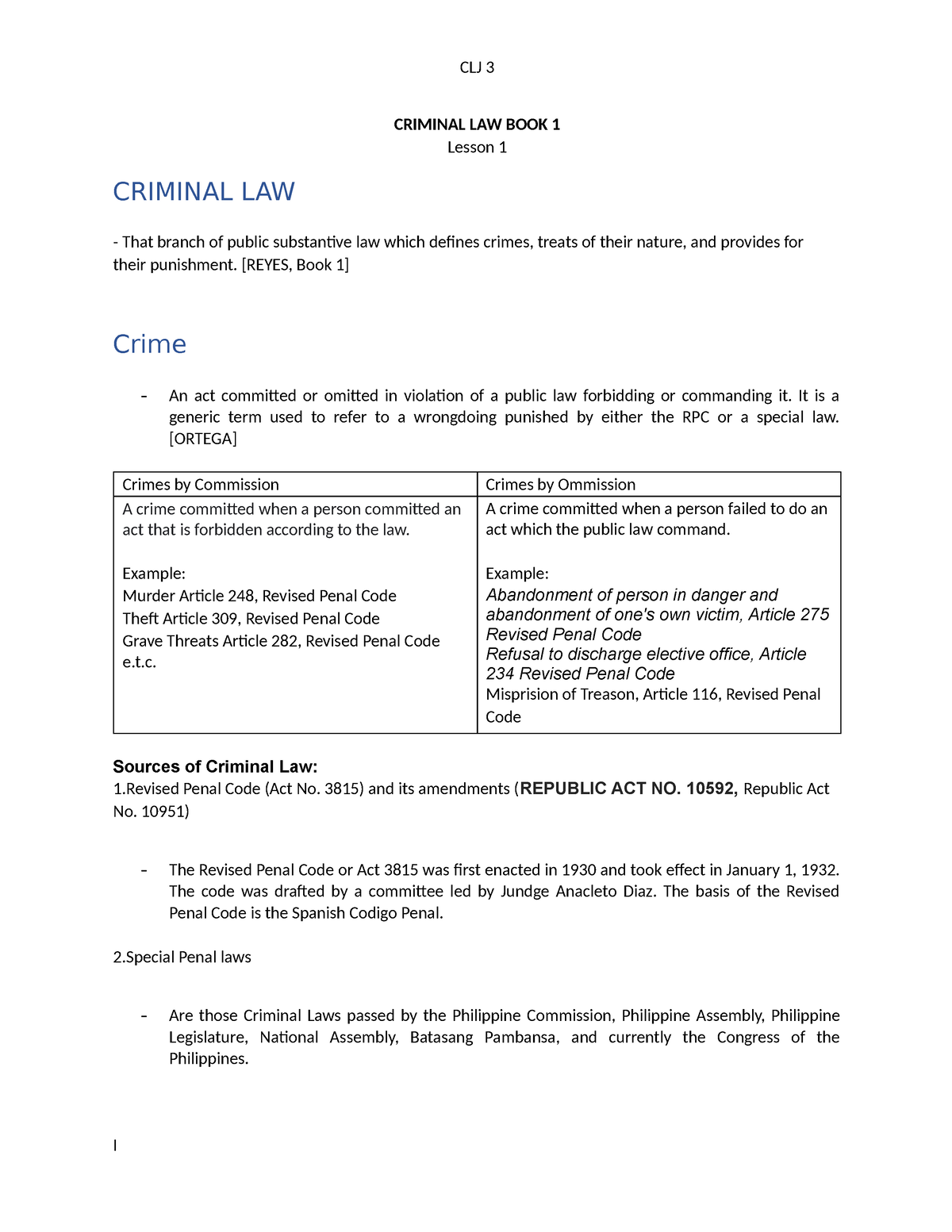 CLJ3 - BOOK 1 JEMAA - CRIMINAL LAW BOOK 1 Lesson 1 CRIMINAL LAW - That ...