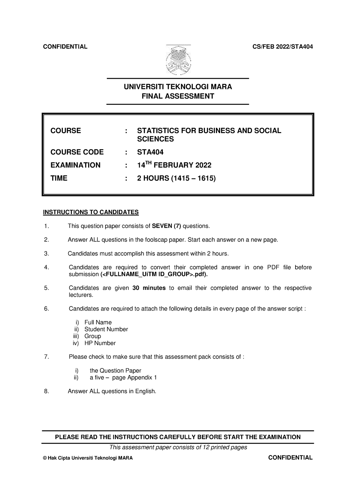 PAST YEAR QUESTION STA404 FEB 2022 - UNIVERSITI TEKNOLOGI MARA FINAL ...