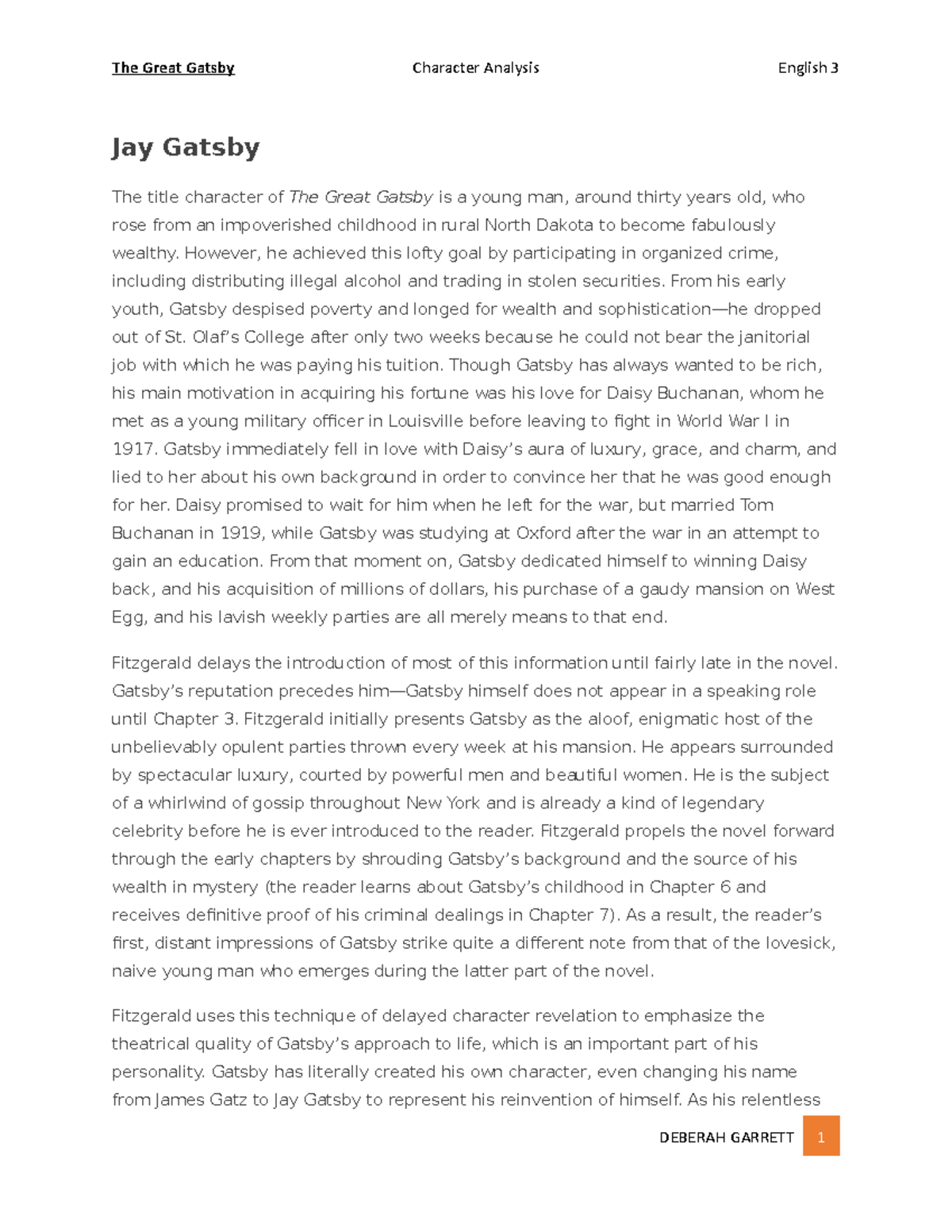 gatsby character analysis essay