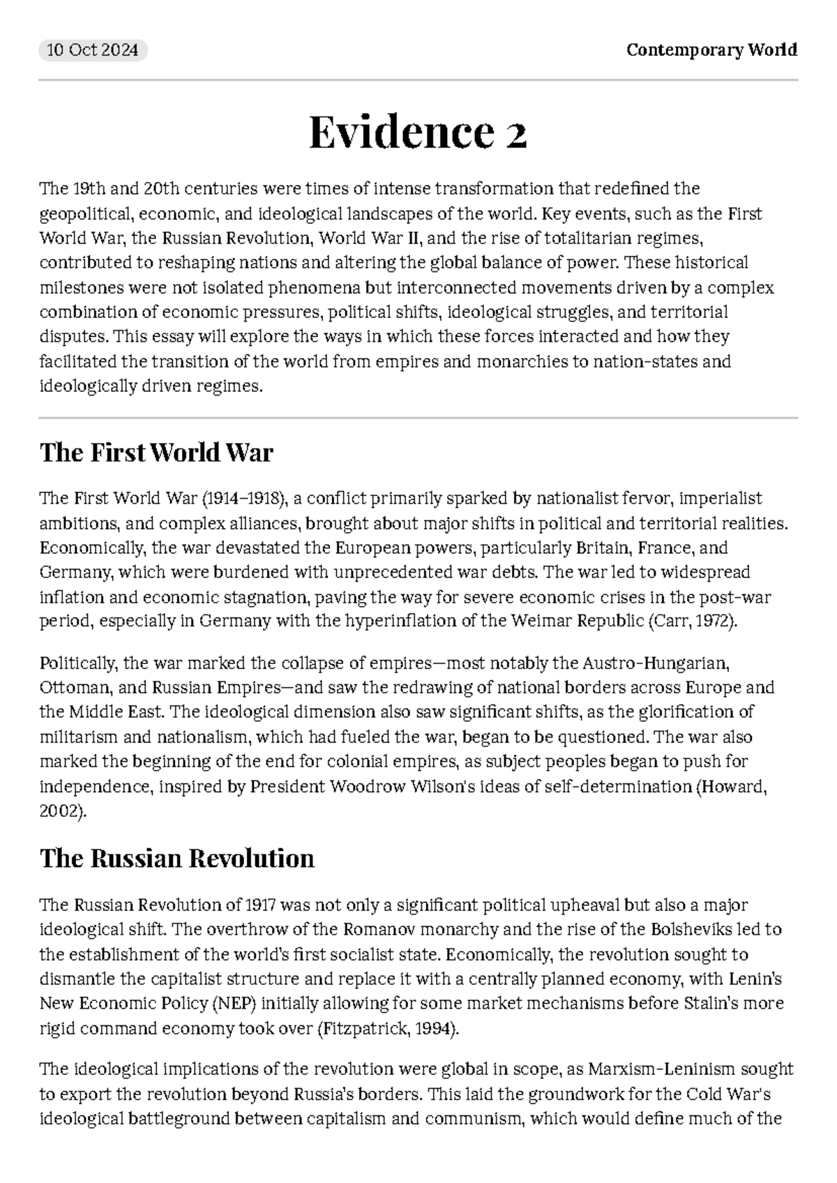 Evidence 2 - Contemporary History - Contemporary World Evidence 2 The ...