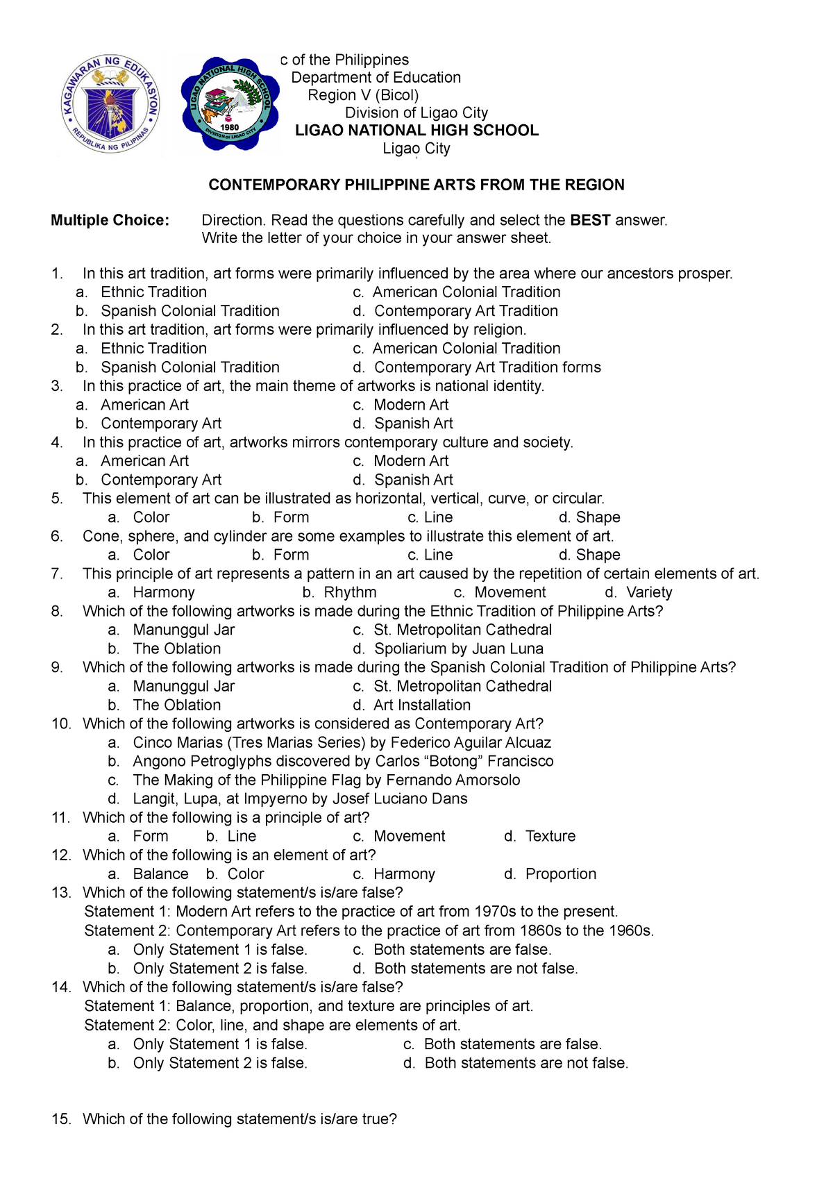 Cpar 1st Quarter Pt Assessment Republic Of The Philippines Department Of Education Region V 