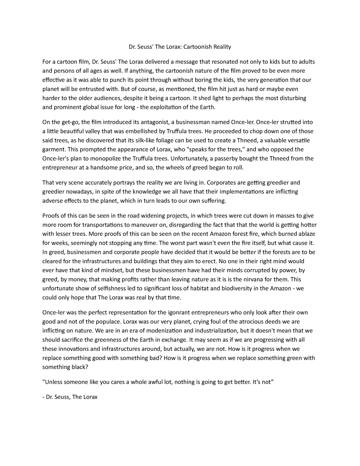 the lorax movie essay