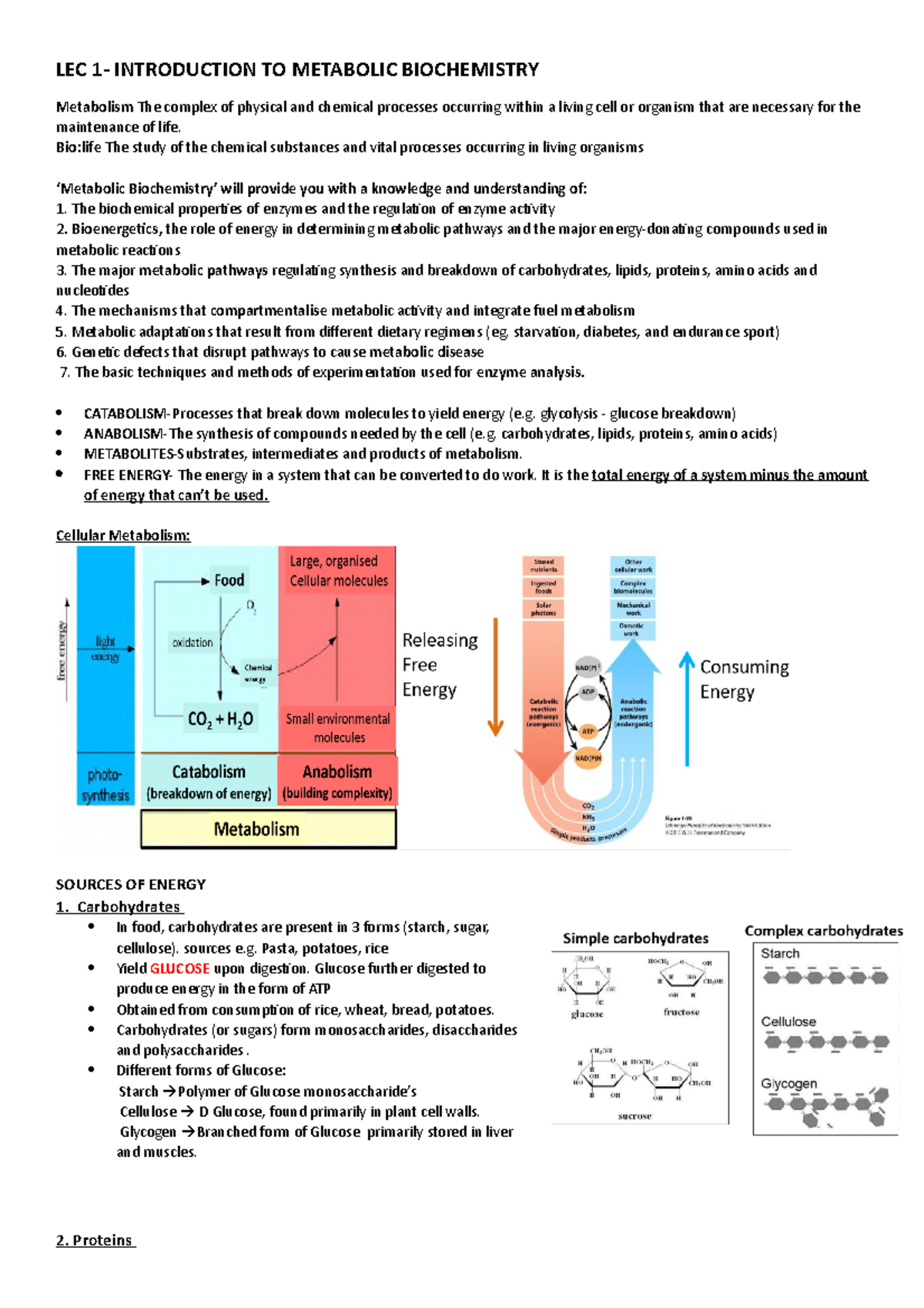 Lec 1, 2 - Lecture Notes 1-2 - LEC 1- INTRODUCTION TO METABOLIC ...