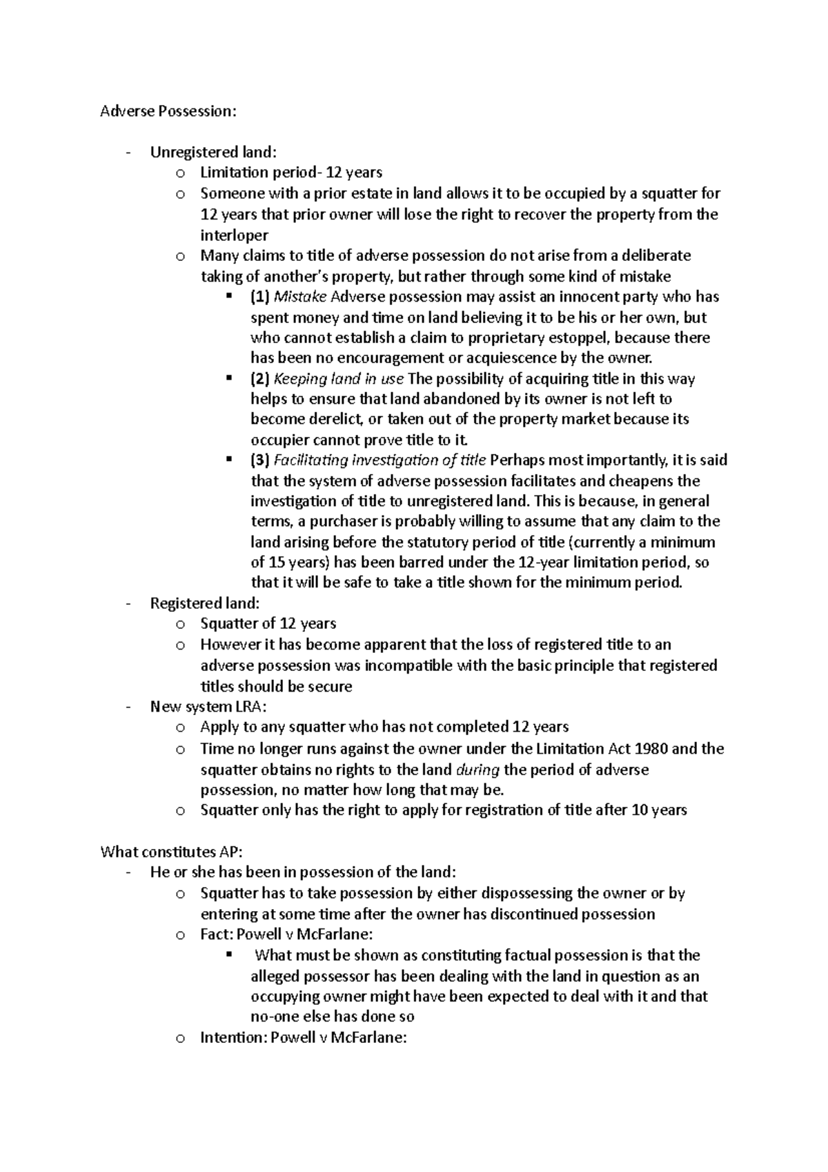 Adverse Possession Notes Adverse Possession Unregistered land o