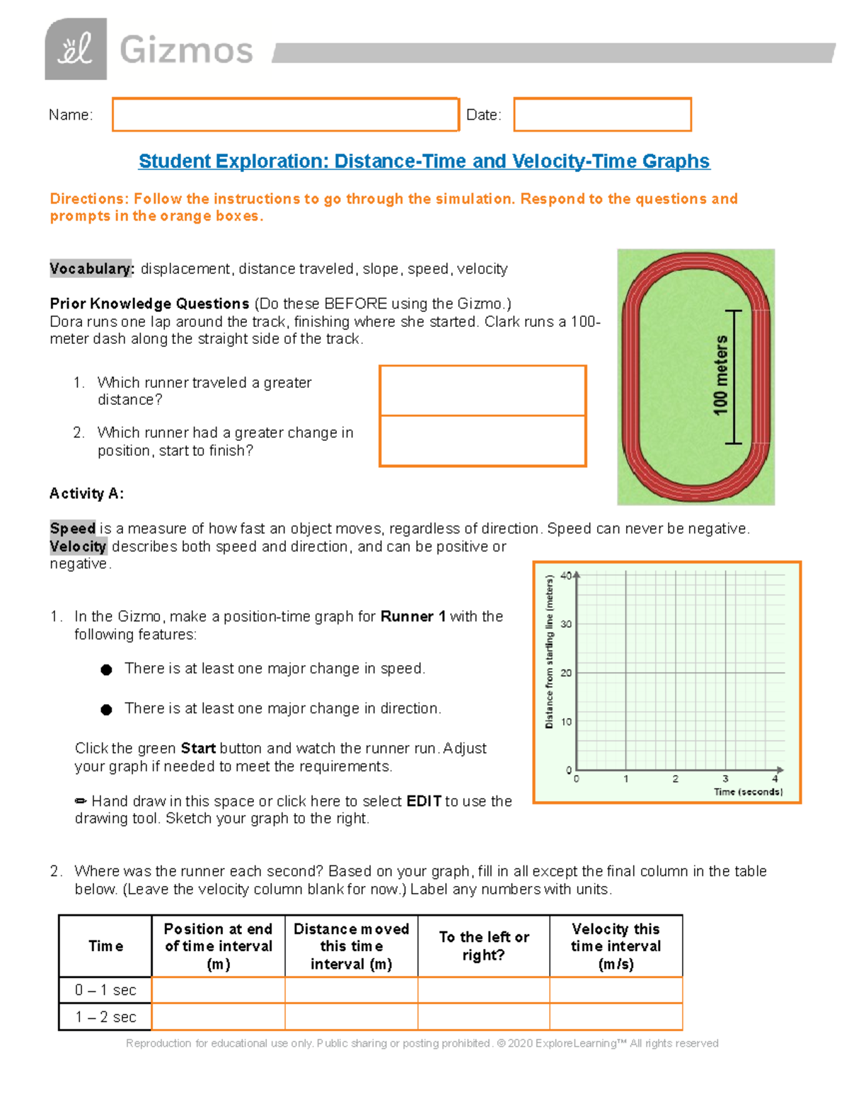 Gizmos D-t and V-t graph - Name: Date: Student Exploration: Distance ...