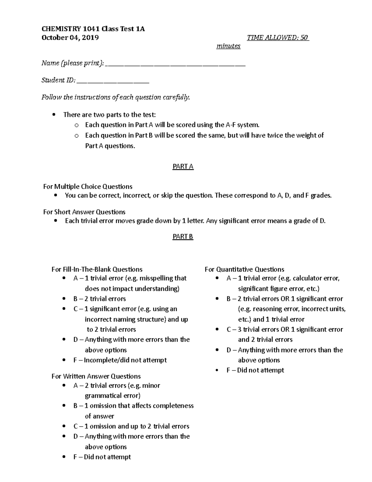 Test 1 Instructions and Formula Sheet CHEMISTRY 1041 Class Test 1A