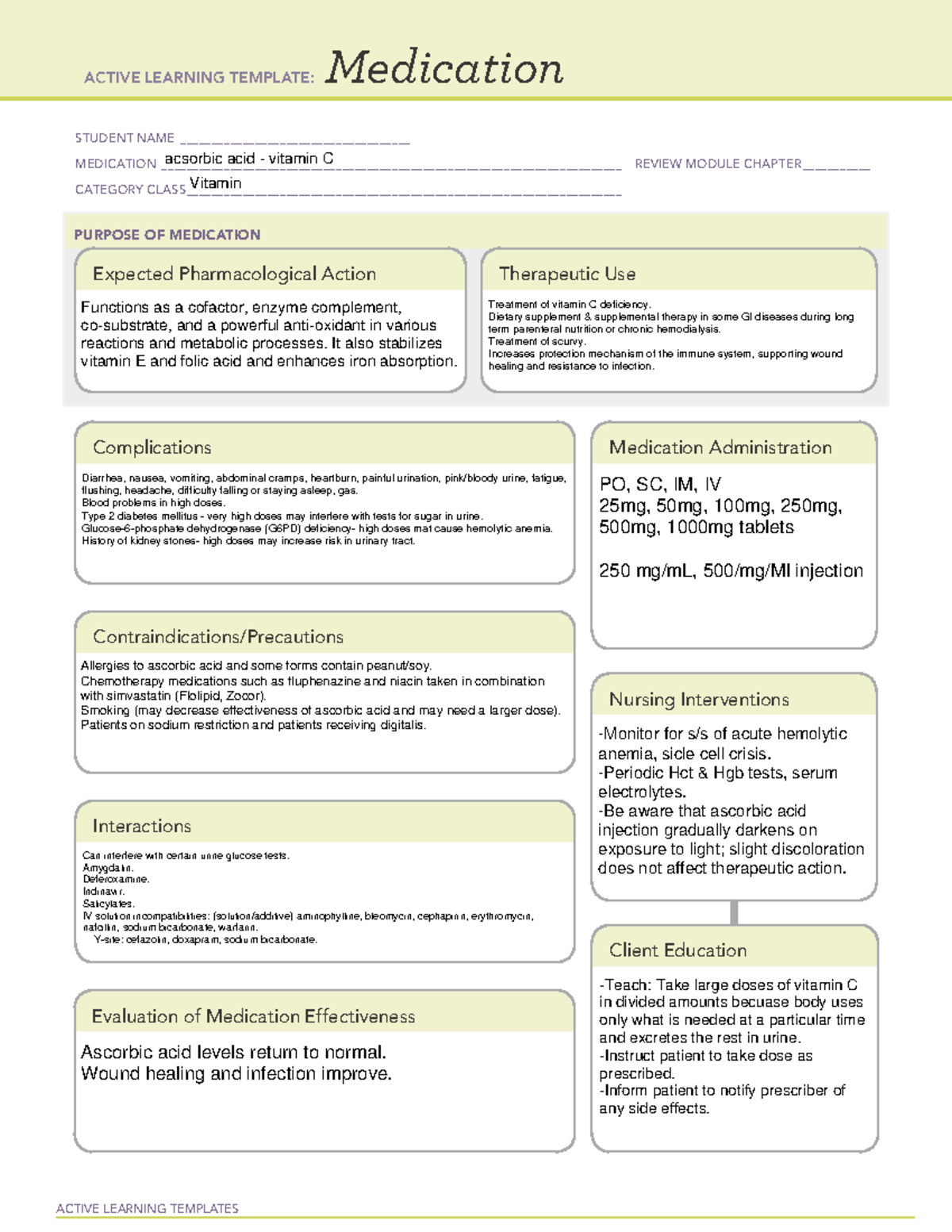 Ascorbic acic, vitamin C - ACTIVE LEARNING TEMPLATES Medication STUDENT ...