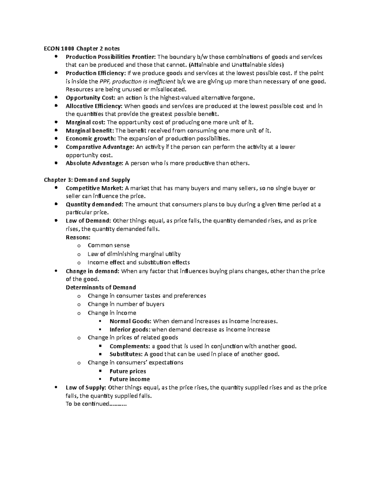 ECON 1000 Chapter 2-3 notes - ECON Chapter 2 notes Production ...