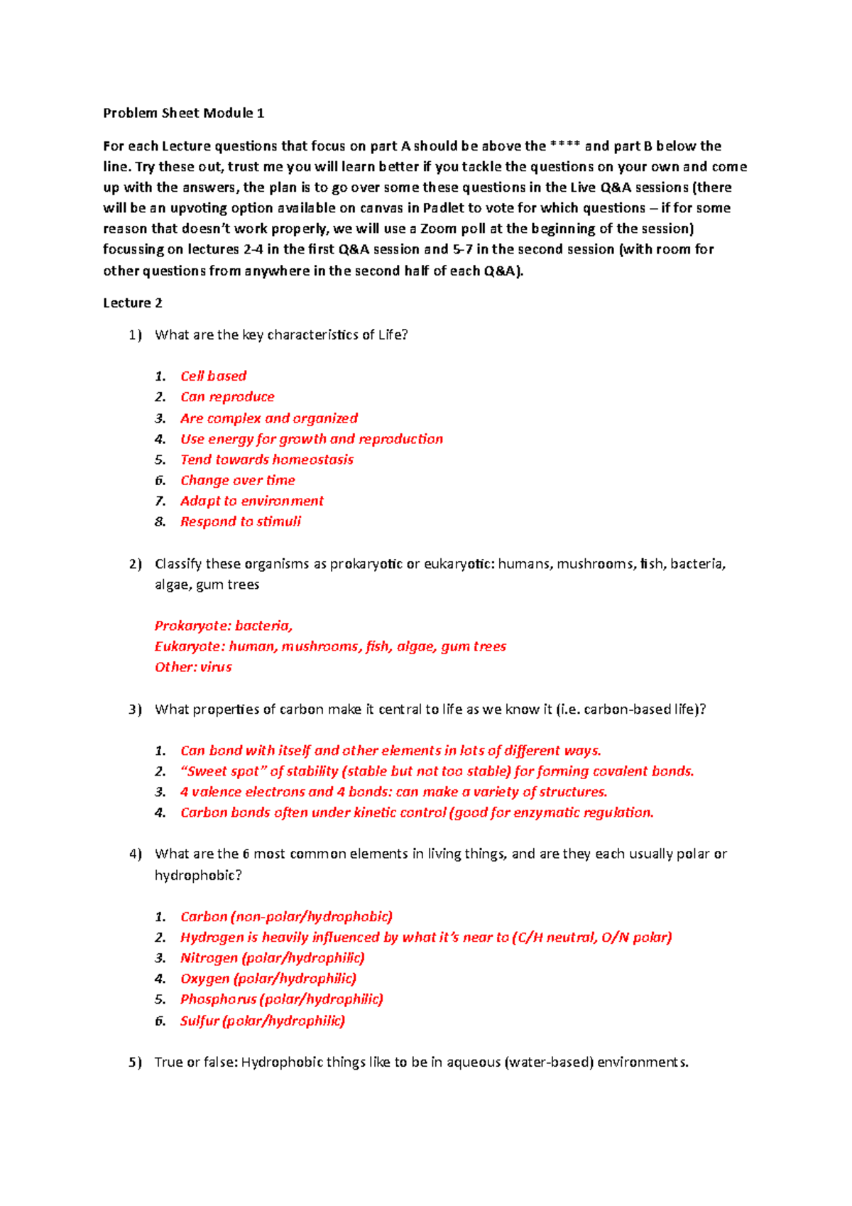 Revision questions BIOL1XX7 Module 1 2022 - Problem Sheet Module 1 For ...