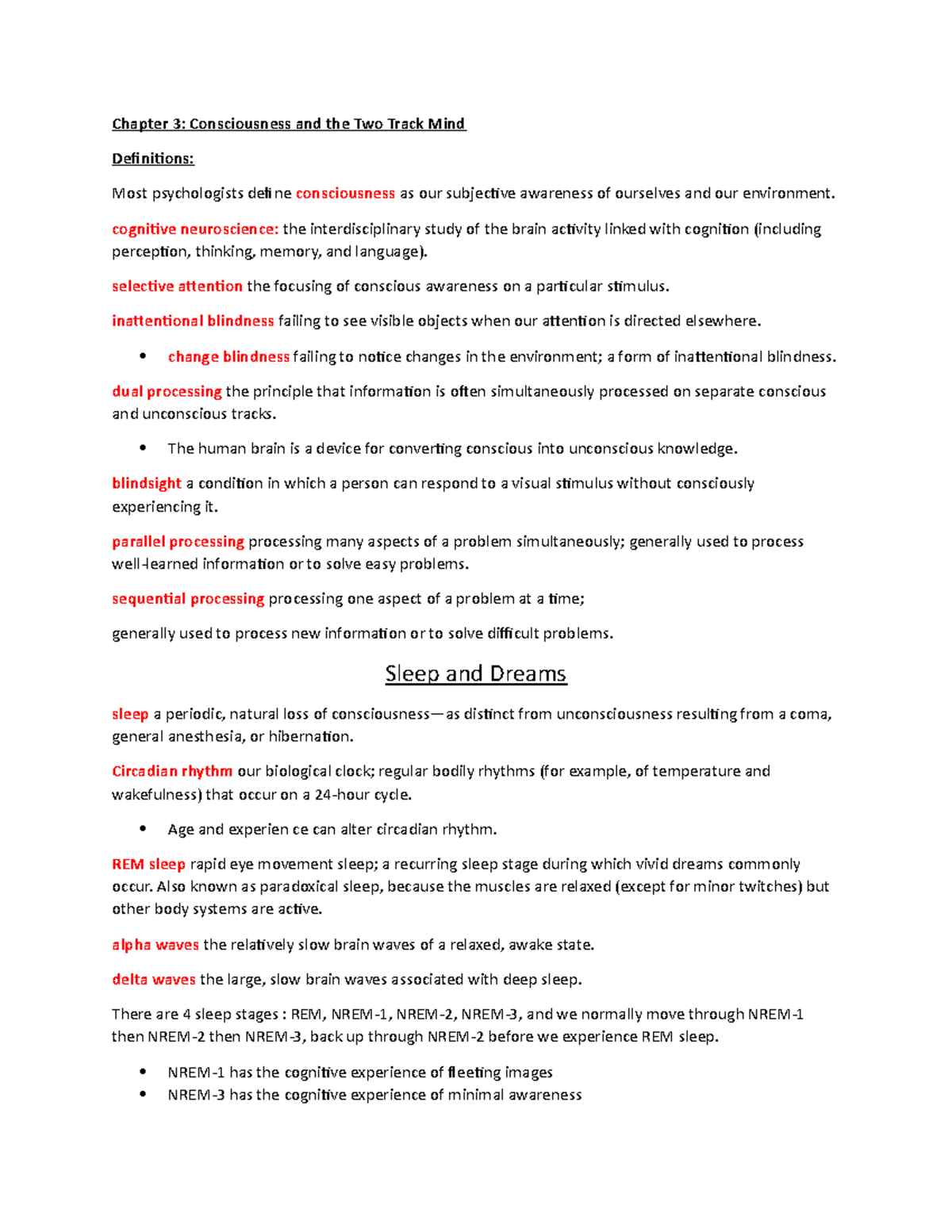 Chapter 3 Study Guide # 4 - Chapter 3: Consciousness and the Two Track ...