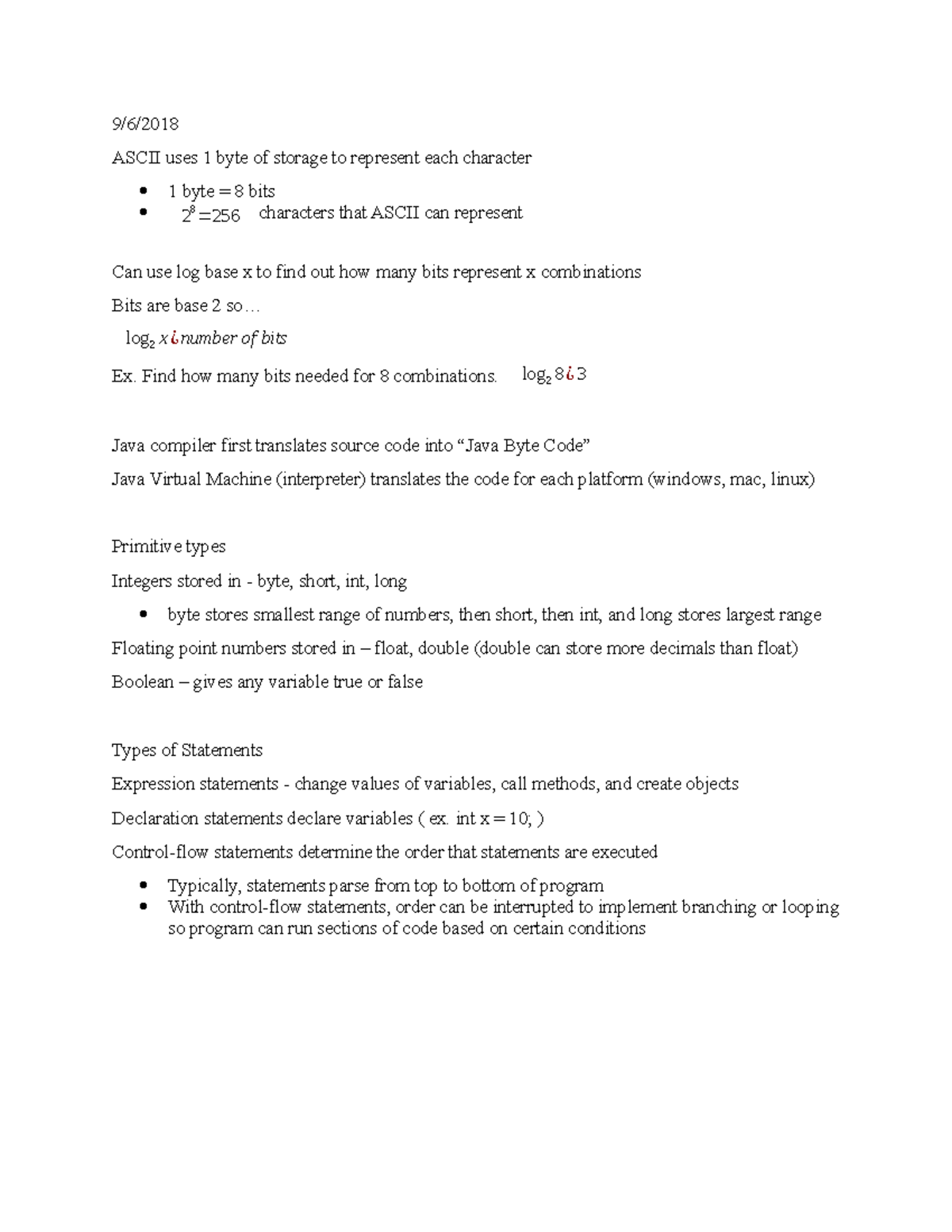 9-6-18 - Lecture notes 5 - 9/6/2018 ASCII uses 1 byte of storage to ...