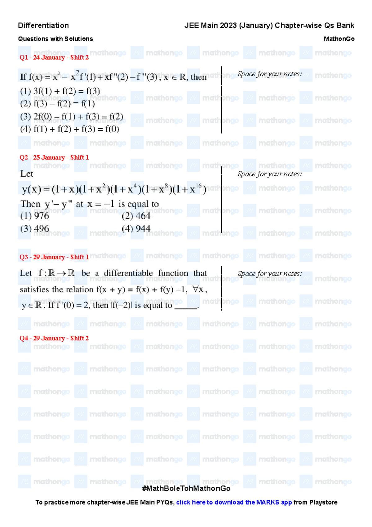 Differentiation - JEE Main 2023 January Chapter wise Questions by ...