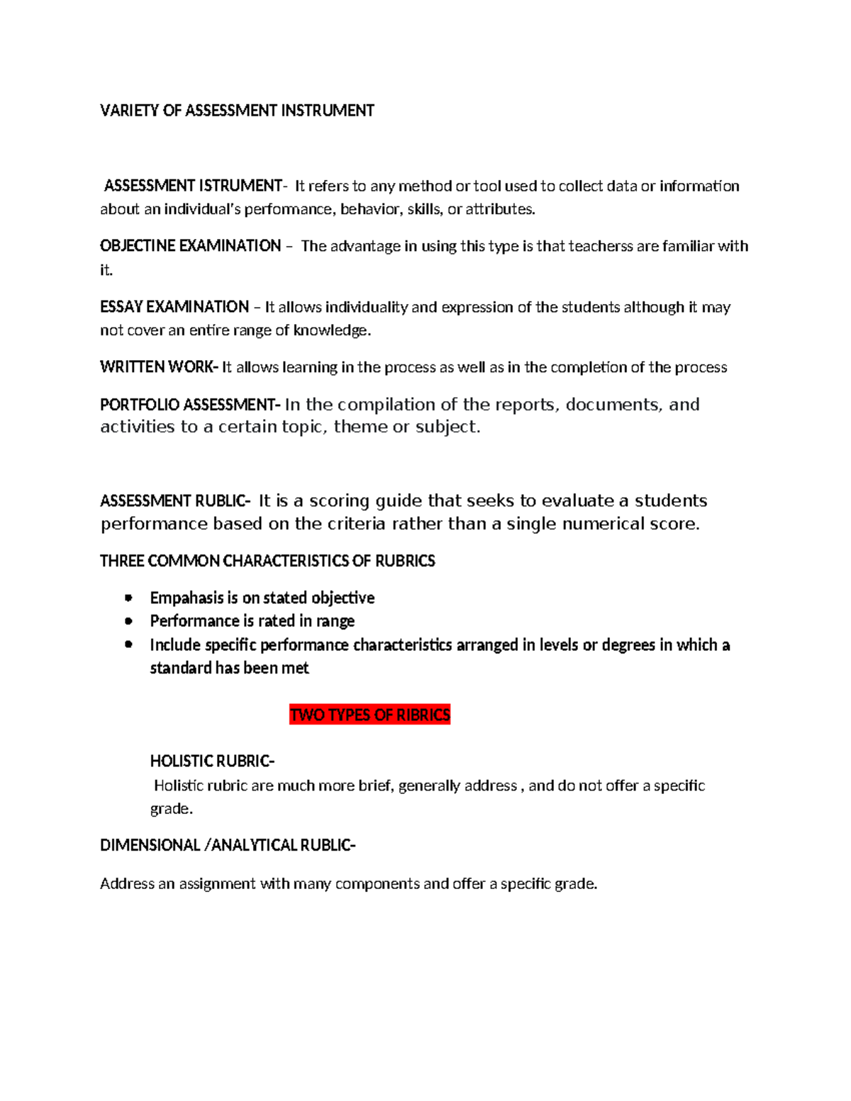 Variety OF Assessment Instrument - VARIETY OF ASSESSMENT INSTRUMENT ...