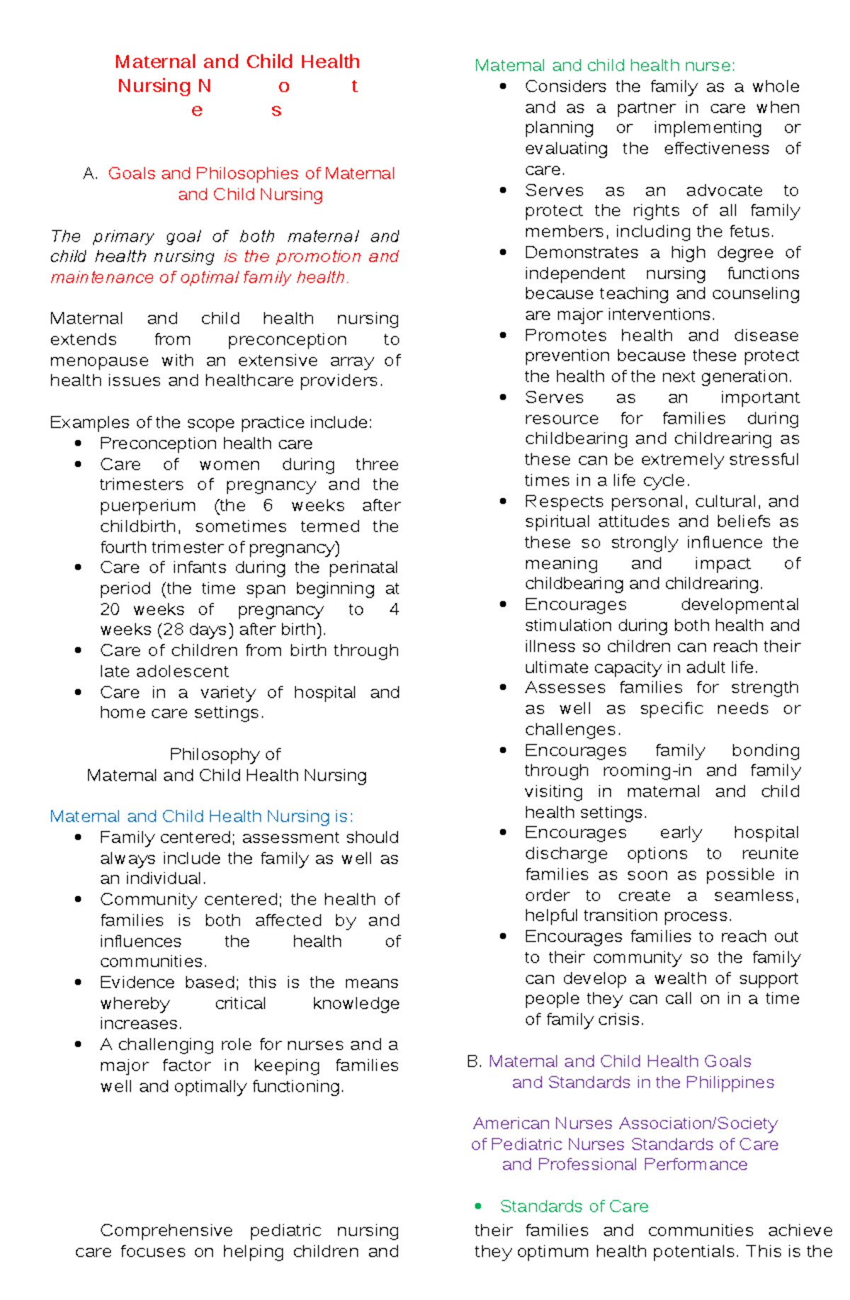 Maternal Health Nursing Notes Maternal and Child Health Nursing N o t