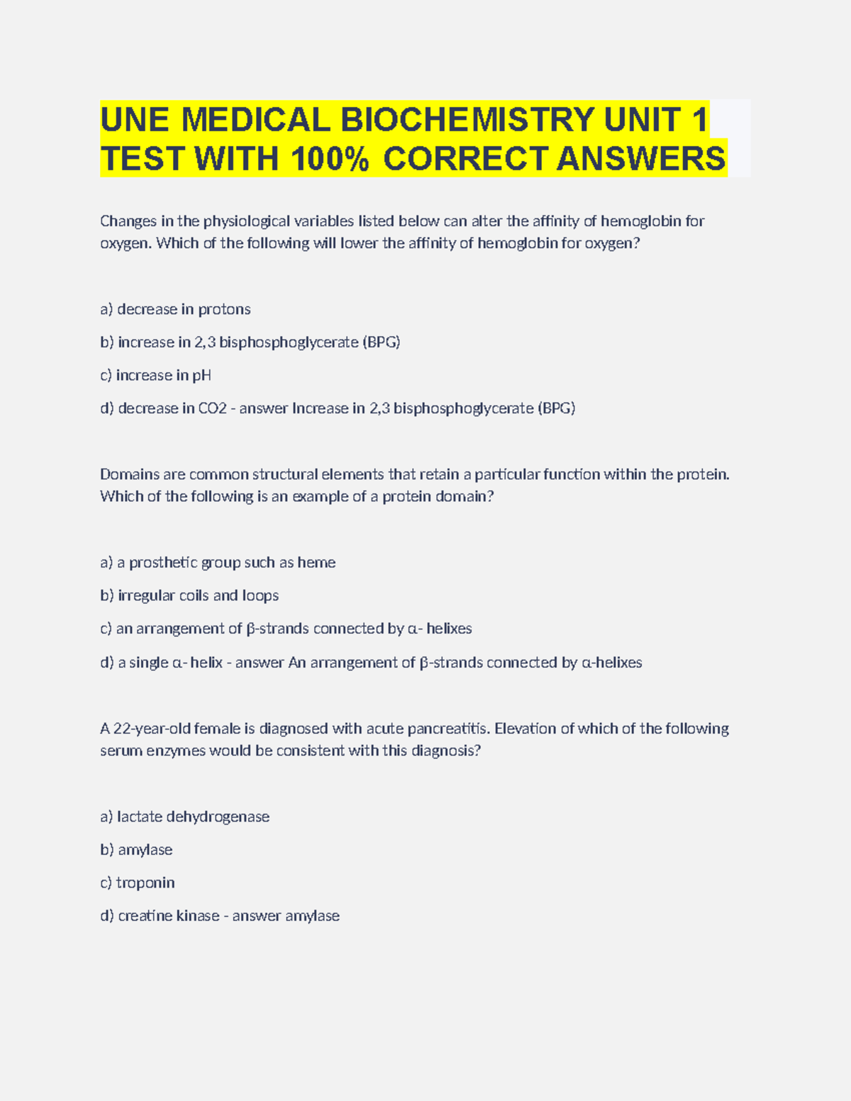 UNE Medical Biochemistry UNIT 1 TEST WITH 100% Correct Answers - UNE ...