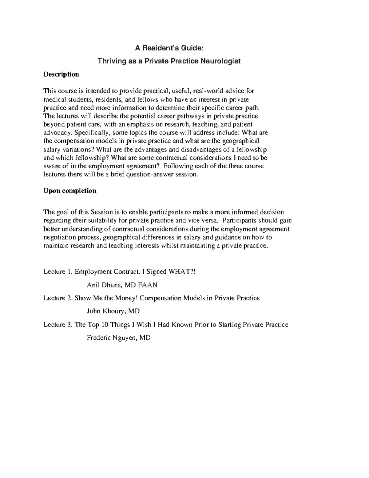 Syllabus Residents in Private Practice 4 - A Resident's Guide: Thriving ...