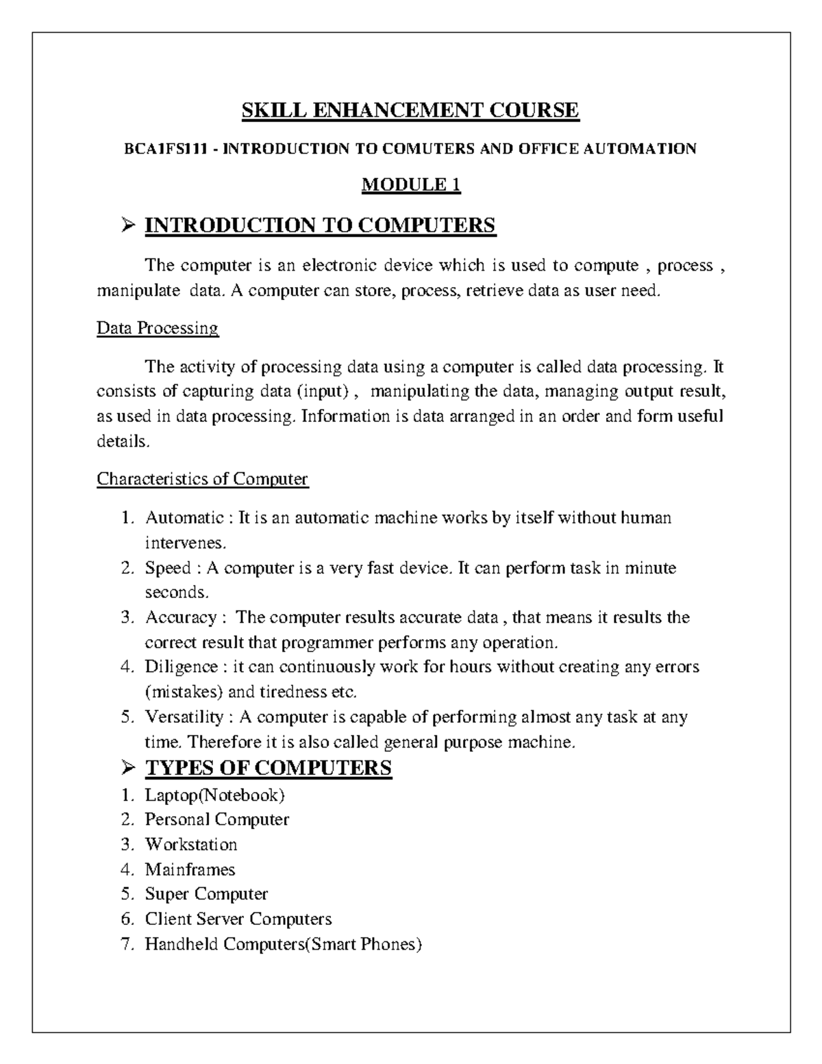 SEC Module 1 FULL Notes - BCA1FS111 - Introduction to Computers and ...