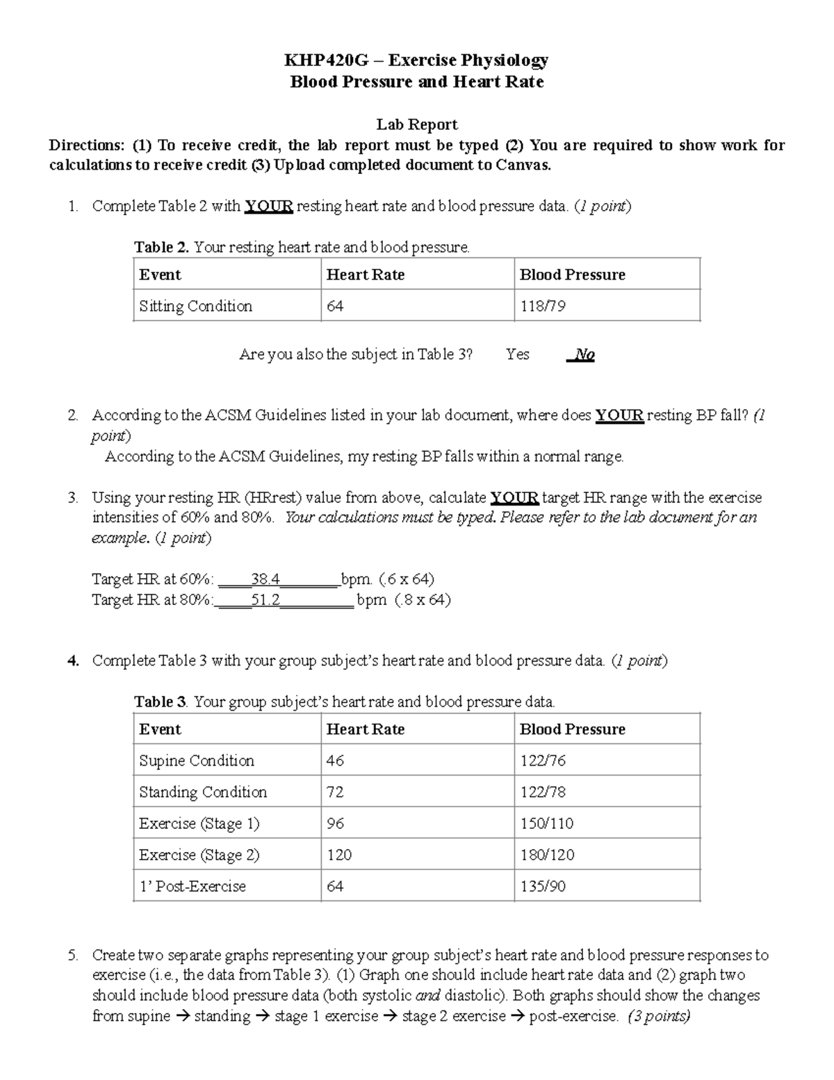HR&BP Lab Report 2 - HR and BP Lab - KHP420G – Exercise Physiology ...