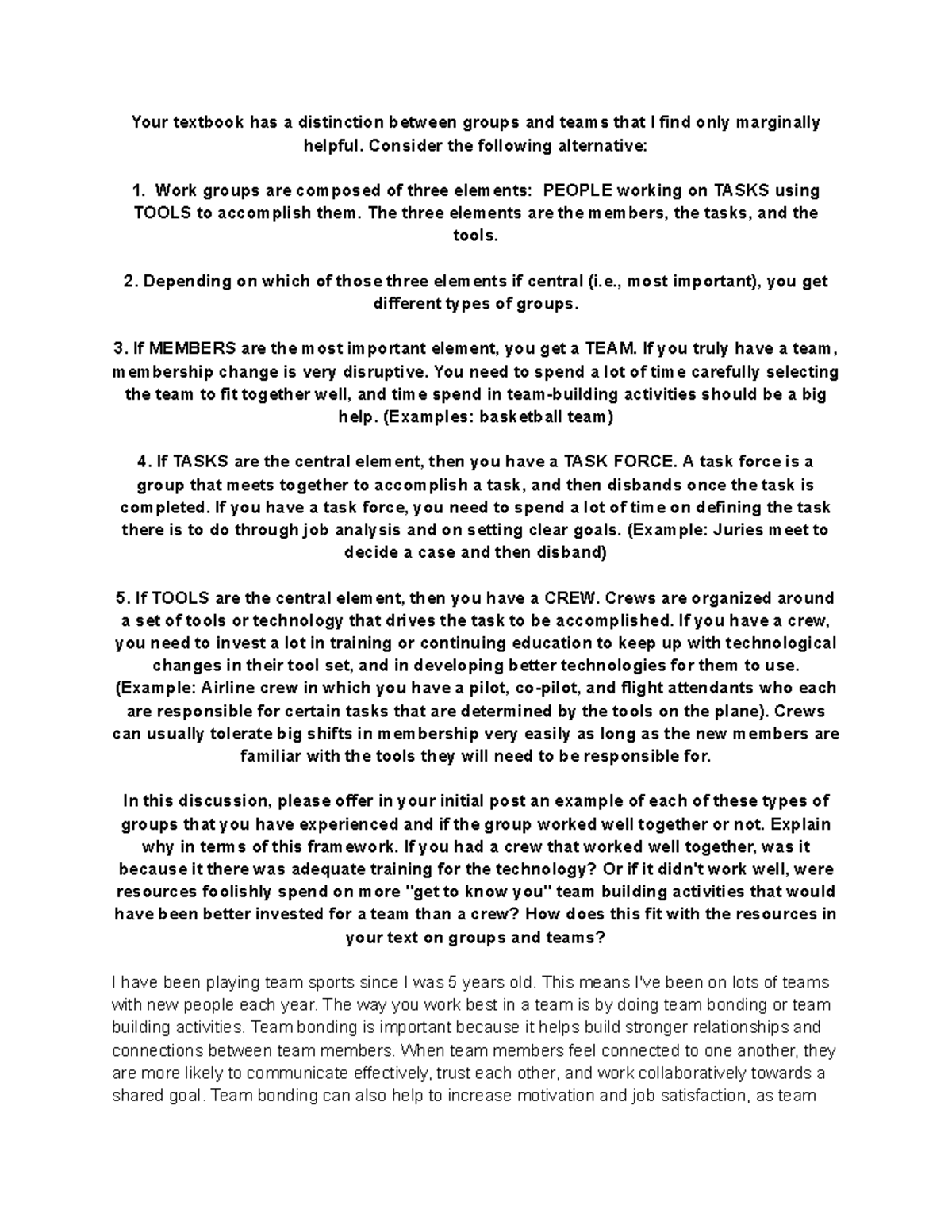 9th Discussion Teams, Task Forces, and Crews PT. 4 - Your textbook has ...
