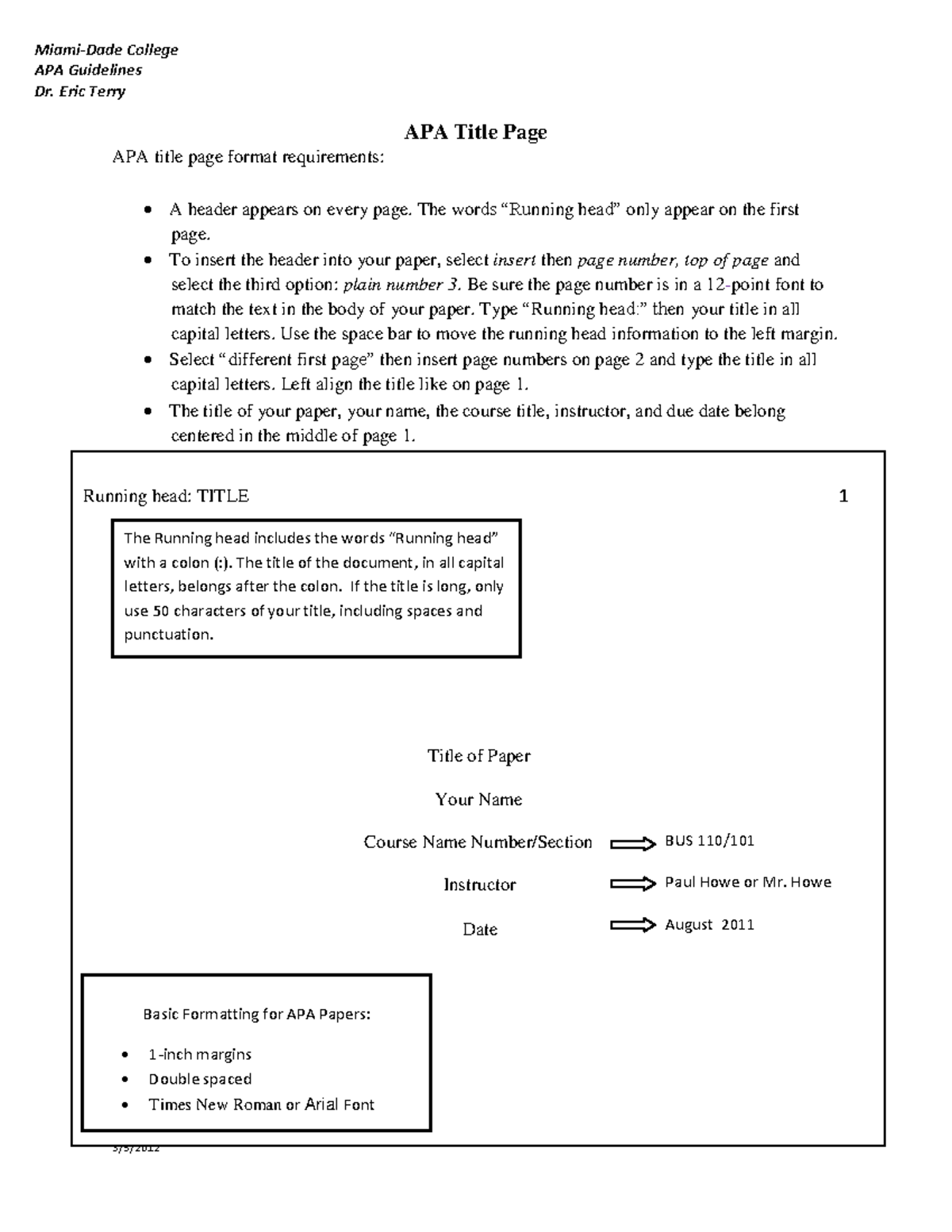 2018 APA Handout - Miami-Dade College APA Guidelines Dr. Eric Terry APA ...