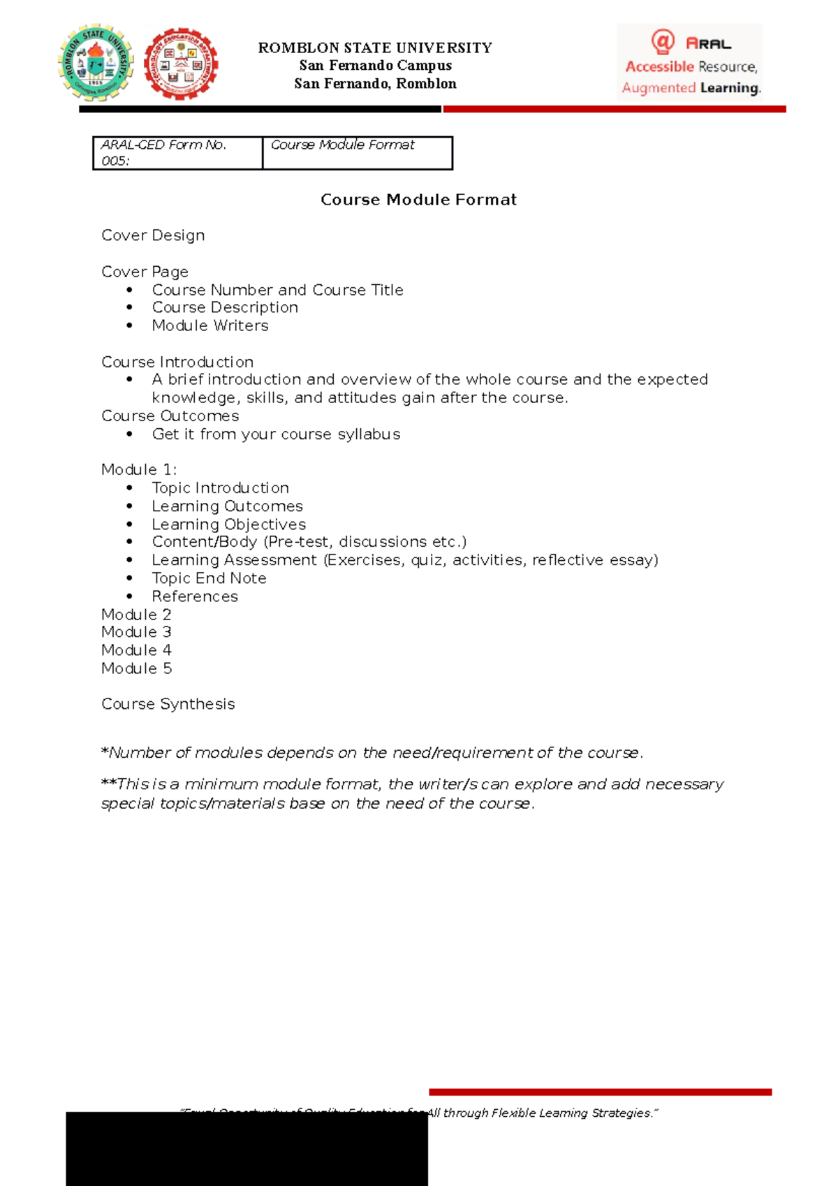 Module 1 - Lecture notes 1, 2, 3, 4, 5 - ARAL-CED Form No. 005: Course ...