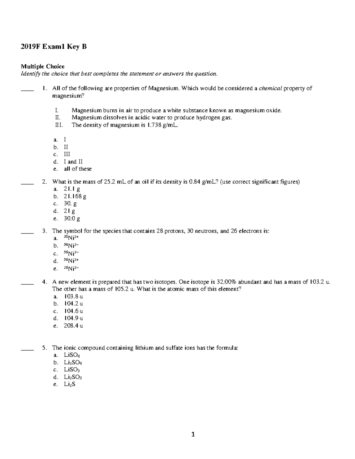 Exam 1B - Exam 1 - 2019F Exam1 Key B Multiple Choice Identify The ...