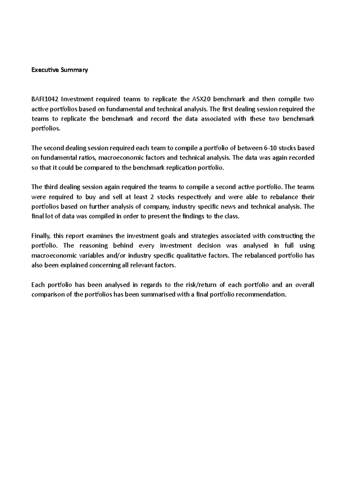 Investment Portfolio Management Report Executive Summary BAFI1042