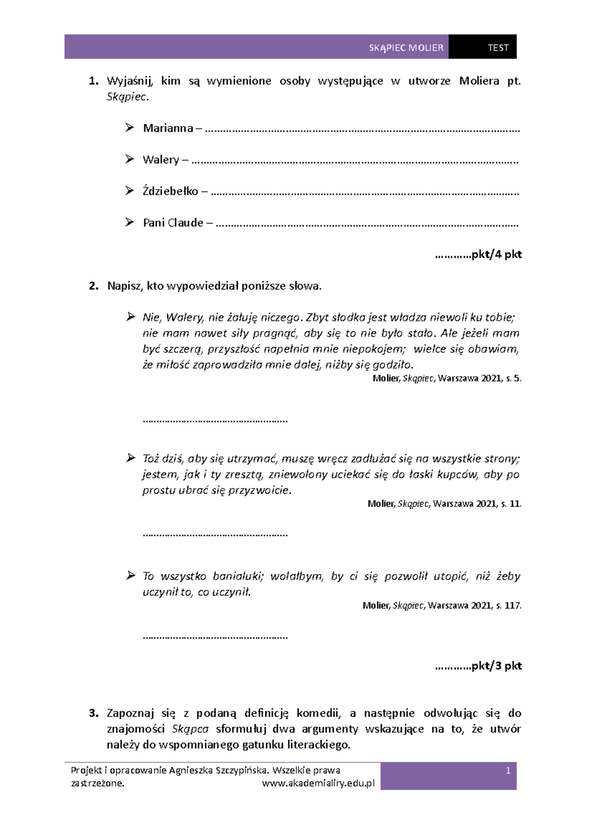 Skąpiec Sprawdzian Pdf