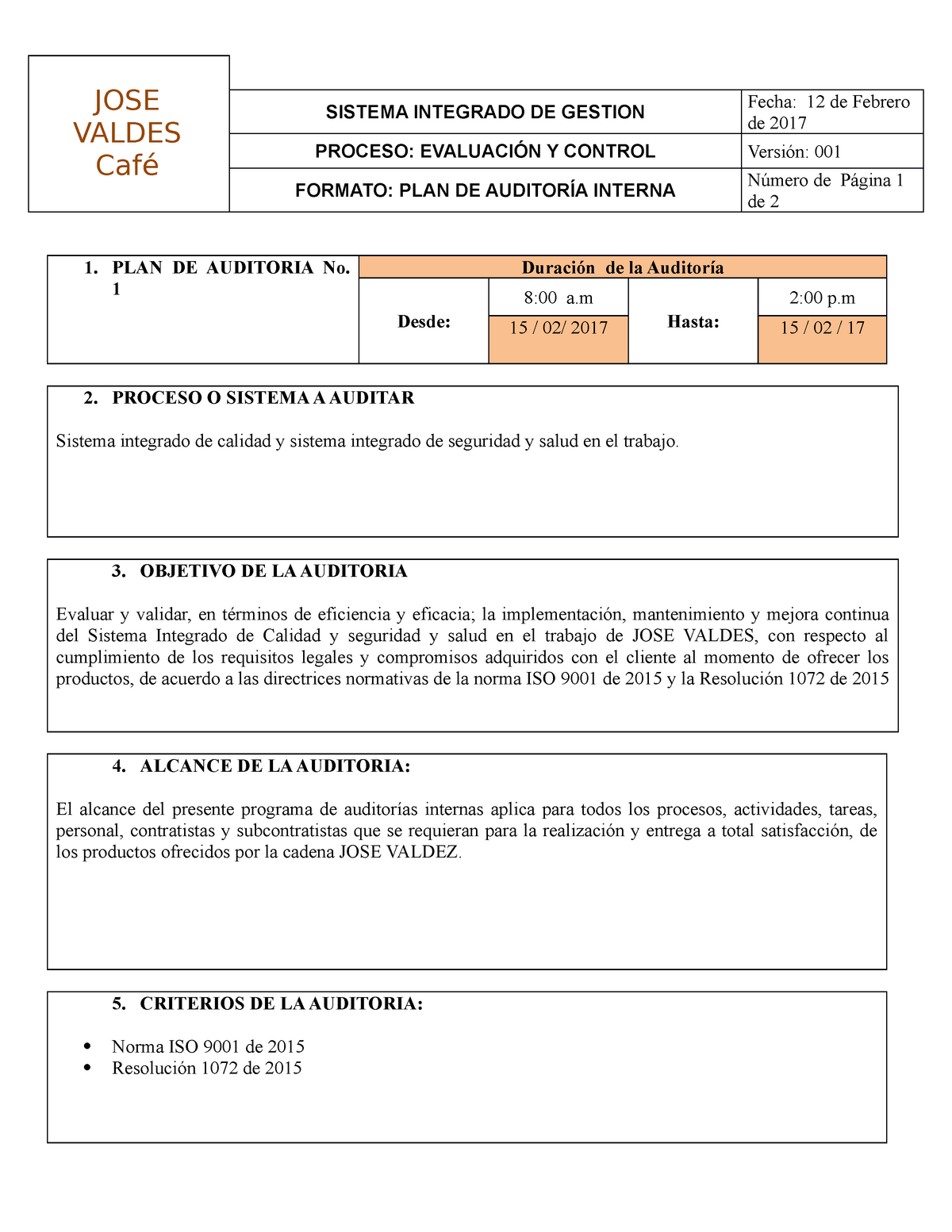 Plan auditoria Jose Valdes activida # 7 auditoria y control interno  uniminuto - SISTEMA INTEGRADO - Studocu
