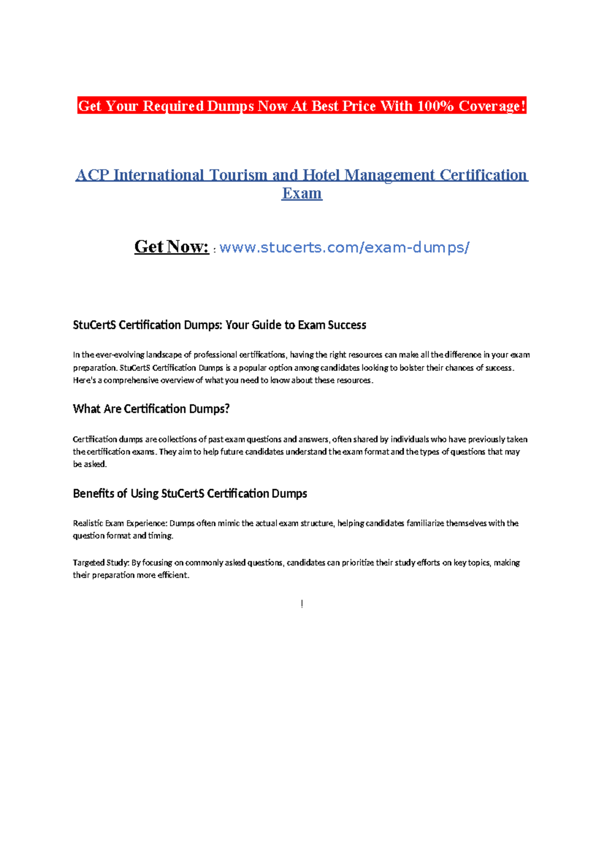 ACP International Tourism and Hotel Management Certification Exam Get