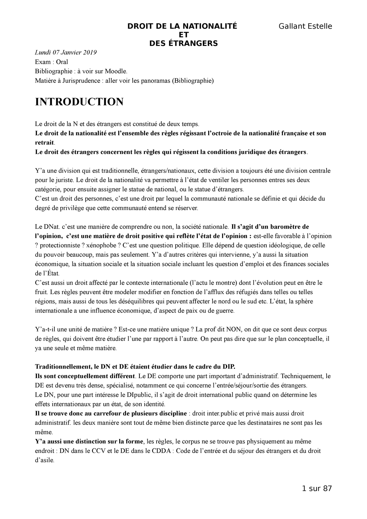 Droit De La Nationalité Et Des Étrangers Et Des Étrangers Lundi 07 Janvier 2019 Exam Oral 