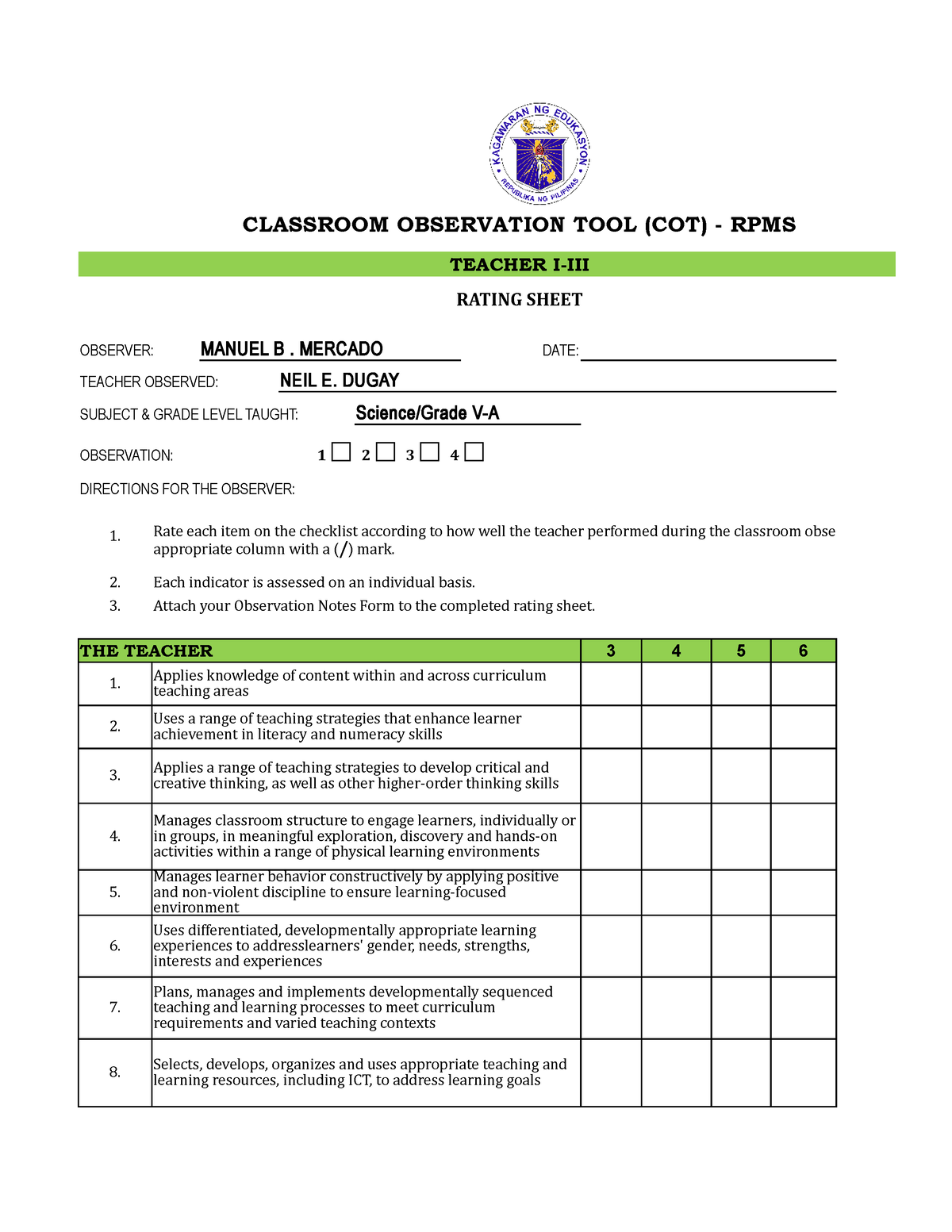 Cot Rpms Observation Form 2020 2022 Fill And Sign Printable Template