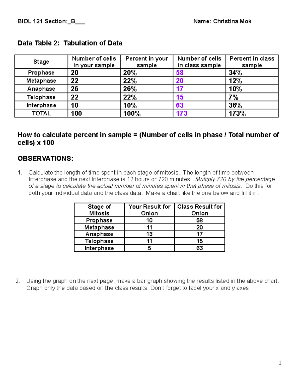 Kinetics Of Cell Division Assignment Sec B - BIOL 121 Section:B__ Name ...