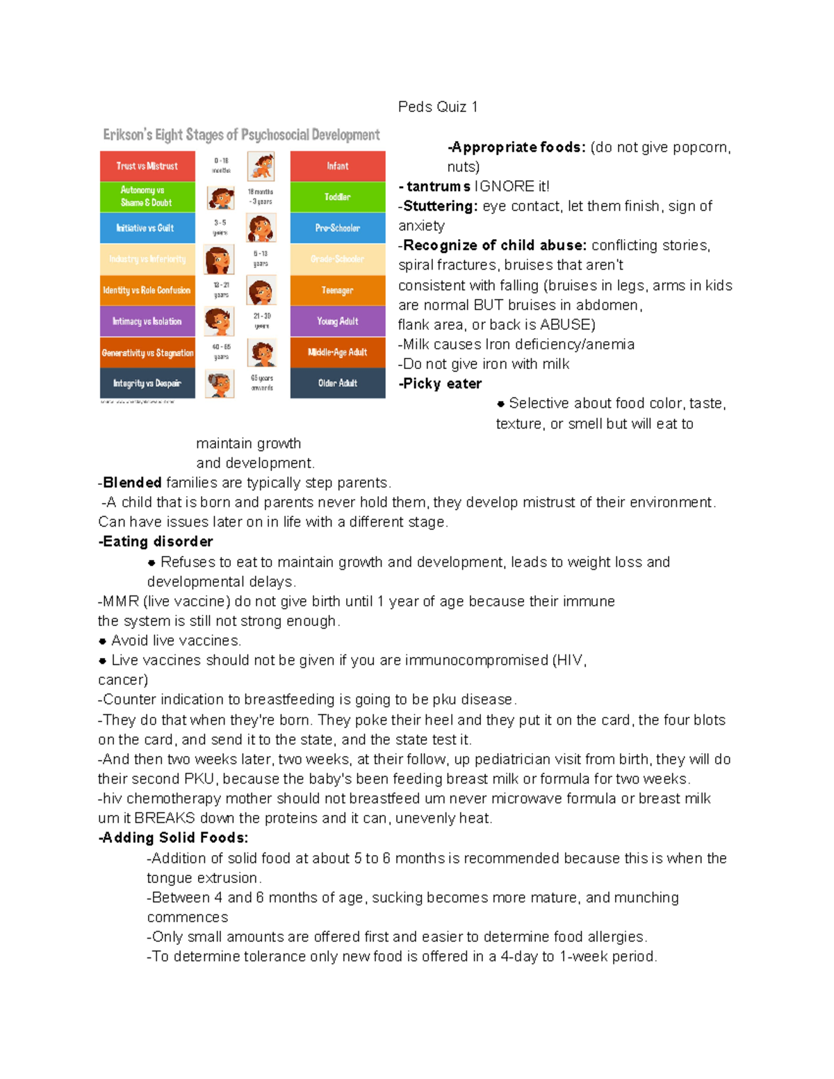 Pediatric quiz 1 Peds Quiz 1 Appropriate foods (do not give popcorn