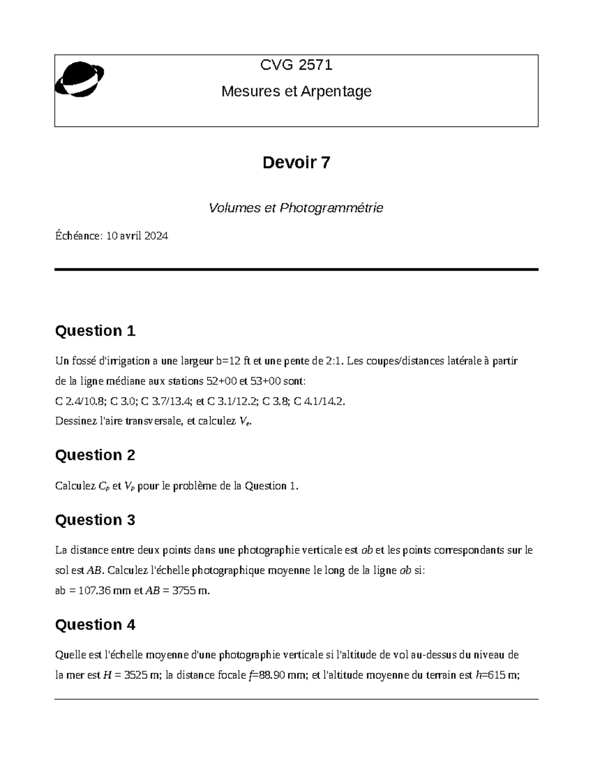 Dev07 - Devoir 7 du cours CVG2507 - CVG 2571 Mesures et Arpentage ...