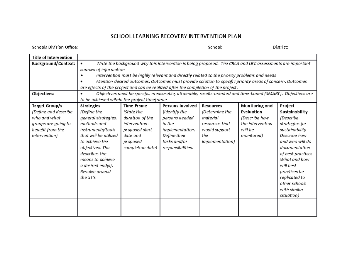 School Learning Recovery Intervention PLAN SCHOOL LEARNING RECOVERY