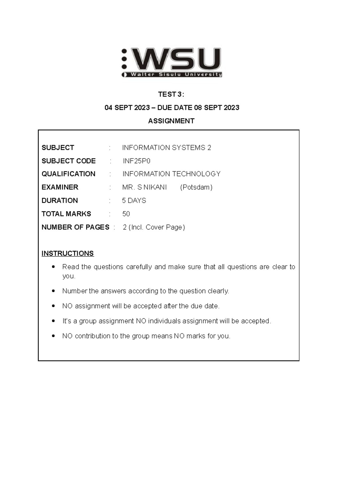 TEST 3 Assignment 2023 - Information technology - TEST 3: 04 SEPT 2023 ...
