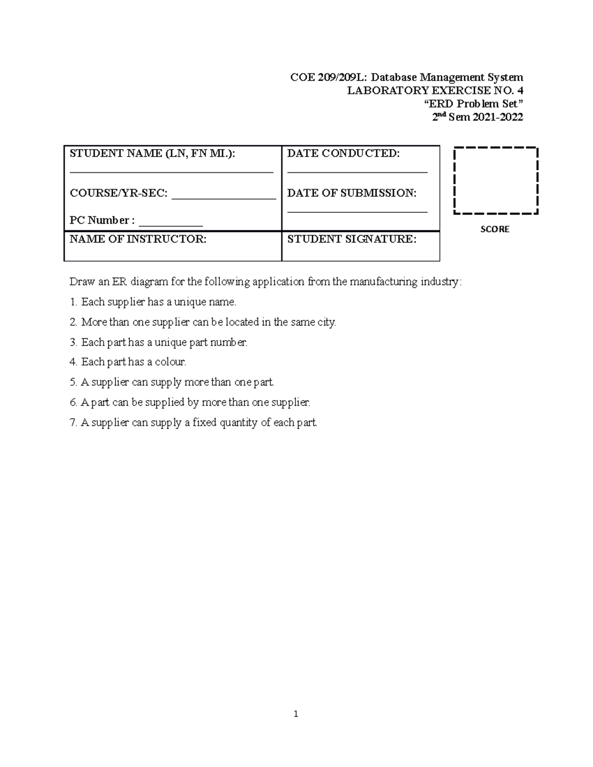 LAB4 ERD Problem Set - Computer Engineering - COE 209/209L: Database ...
