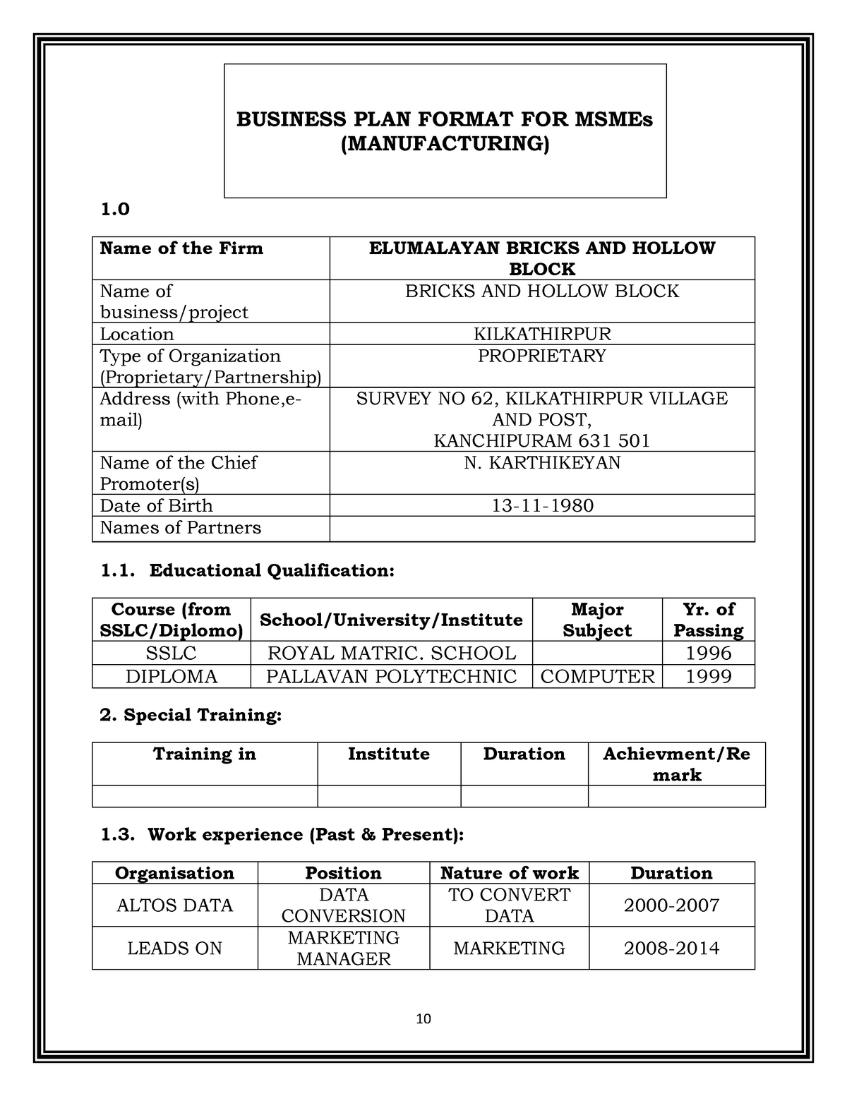 business plan format for msmes