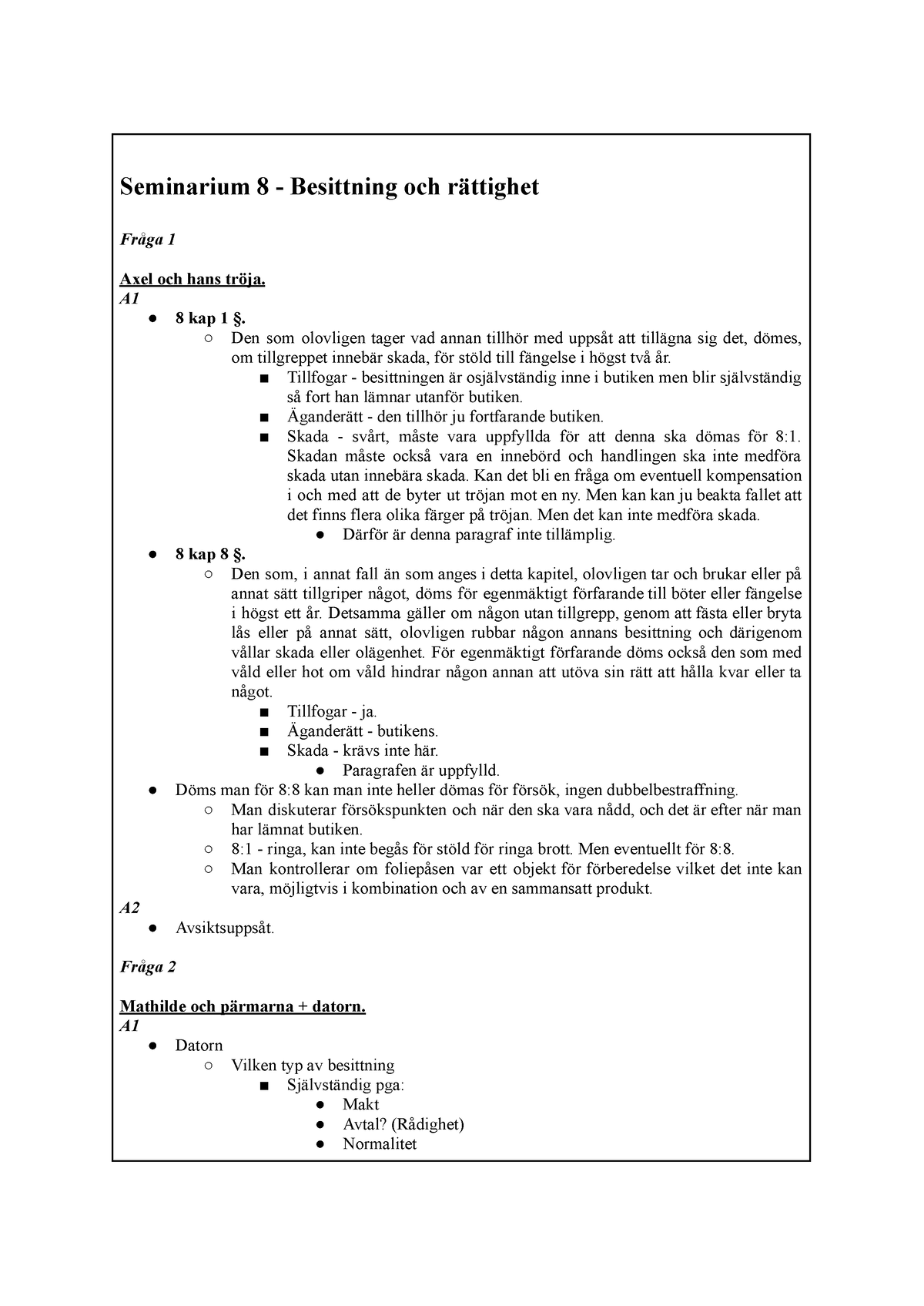 Straffrätt - Seminarium 8 - Seminarium 8 - Besittning Och Rättighet ...