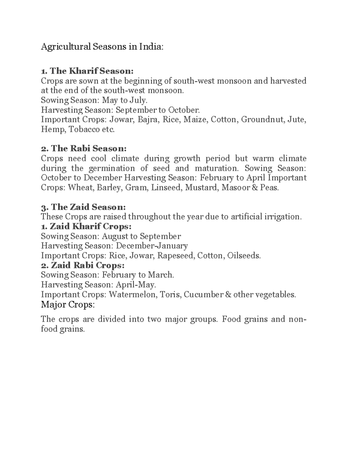 Agricultural Seasons in India Agricultural Seasons in India The