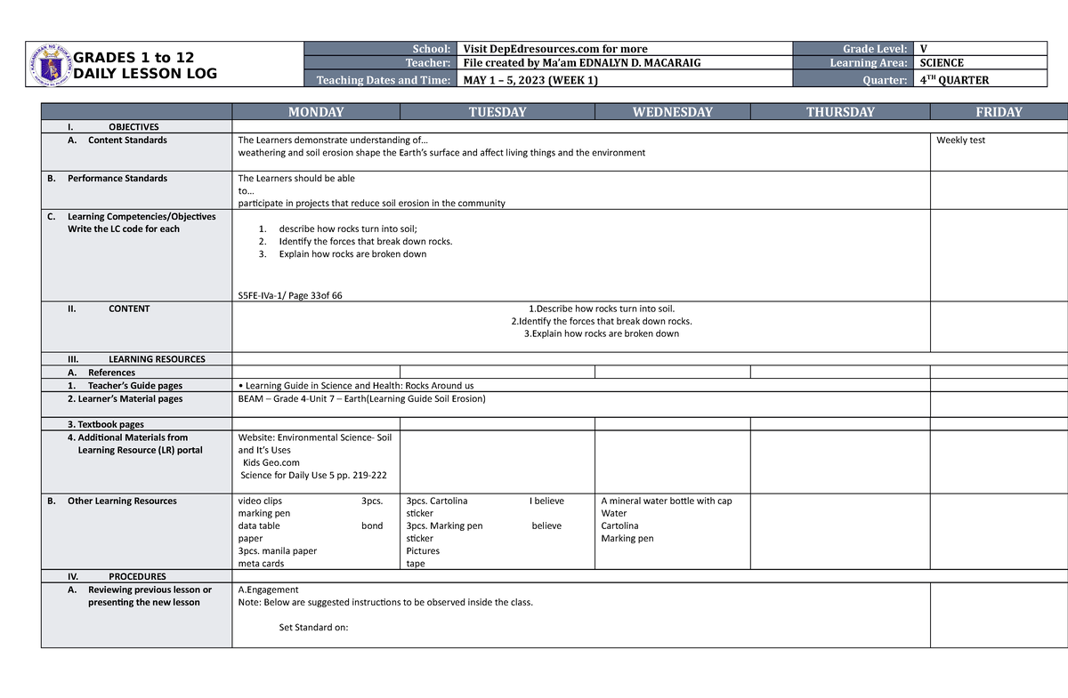 DLL Science 5 Q4 W1 - GRADES 1 to 12 DAILY LESSON LOG School: Visit ...