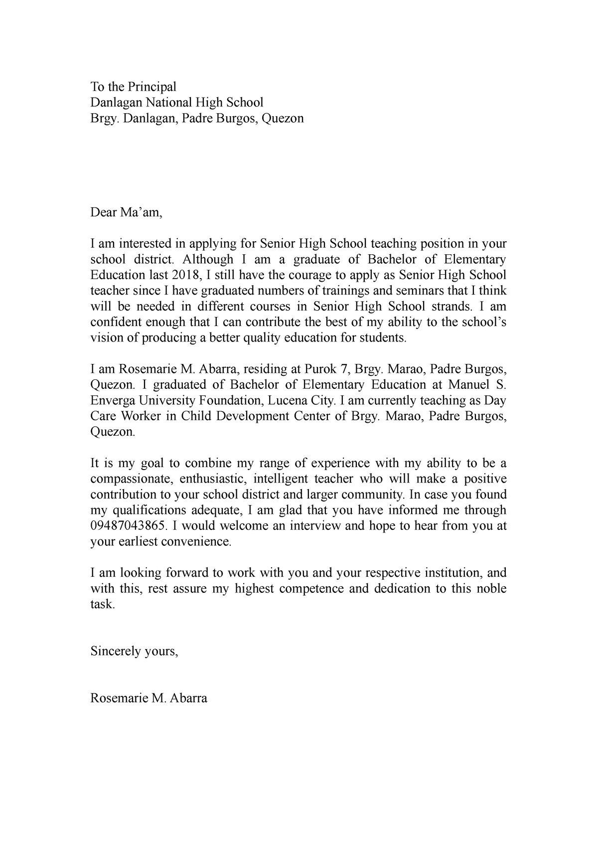 Letter of Intent - None - To the Principal Danlagan National High ...
